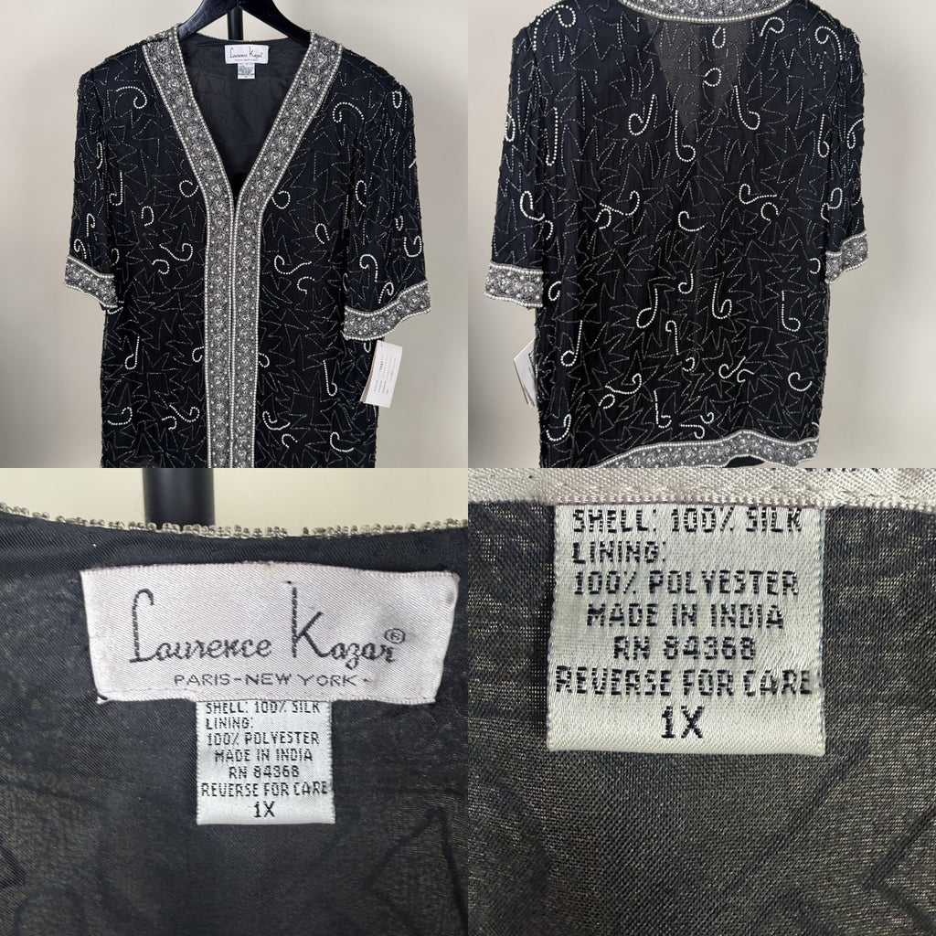 Laurence Kazar Beaded Silk Evening Top (1X) - Black, White, Silver - photo 6