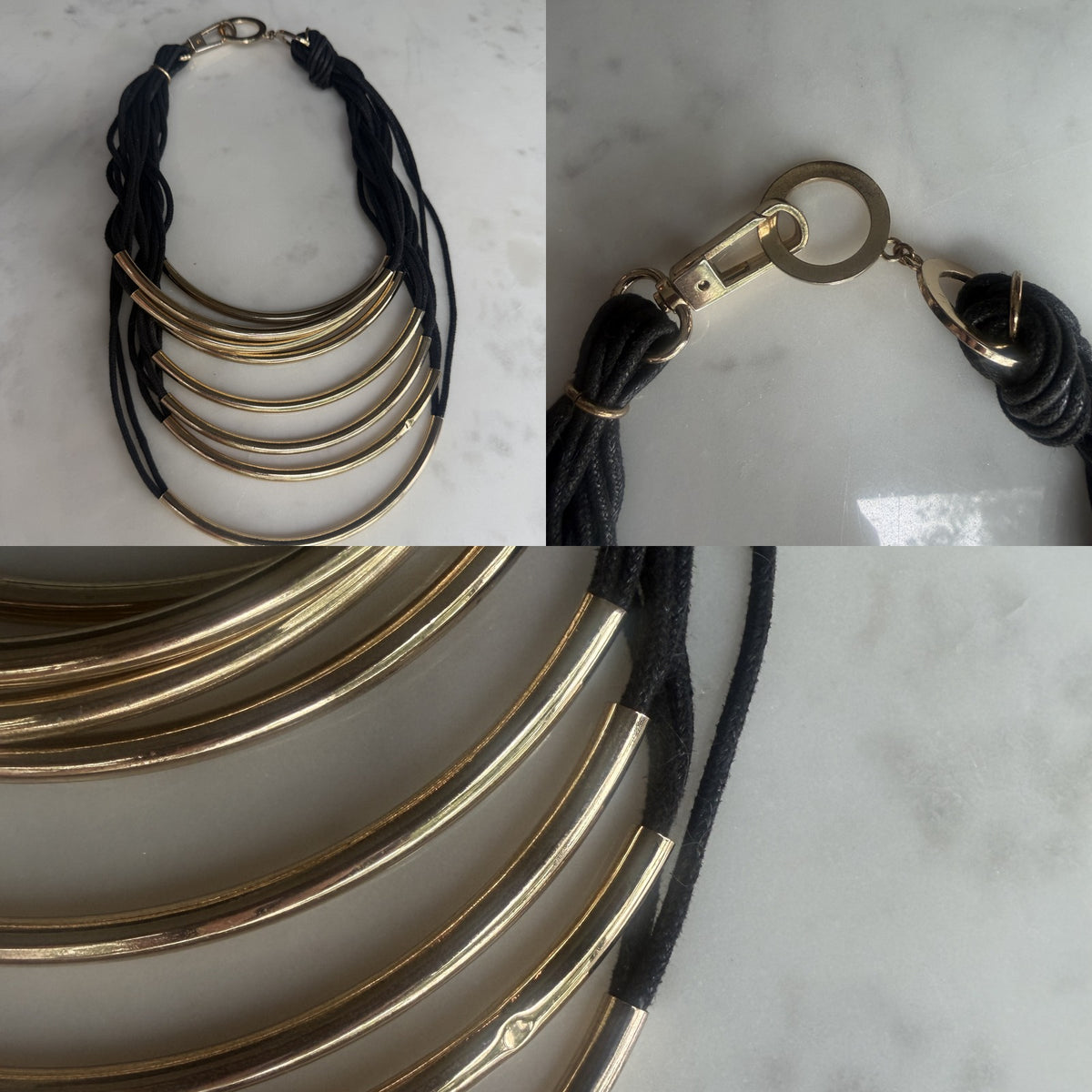 Multi-Strand Black Cord Bib Necklace with Gold-Tone Tube Bars - photo 6