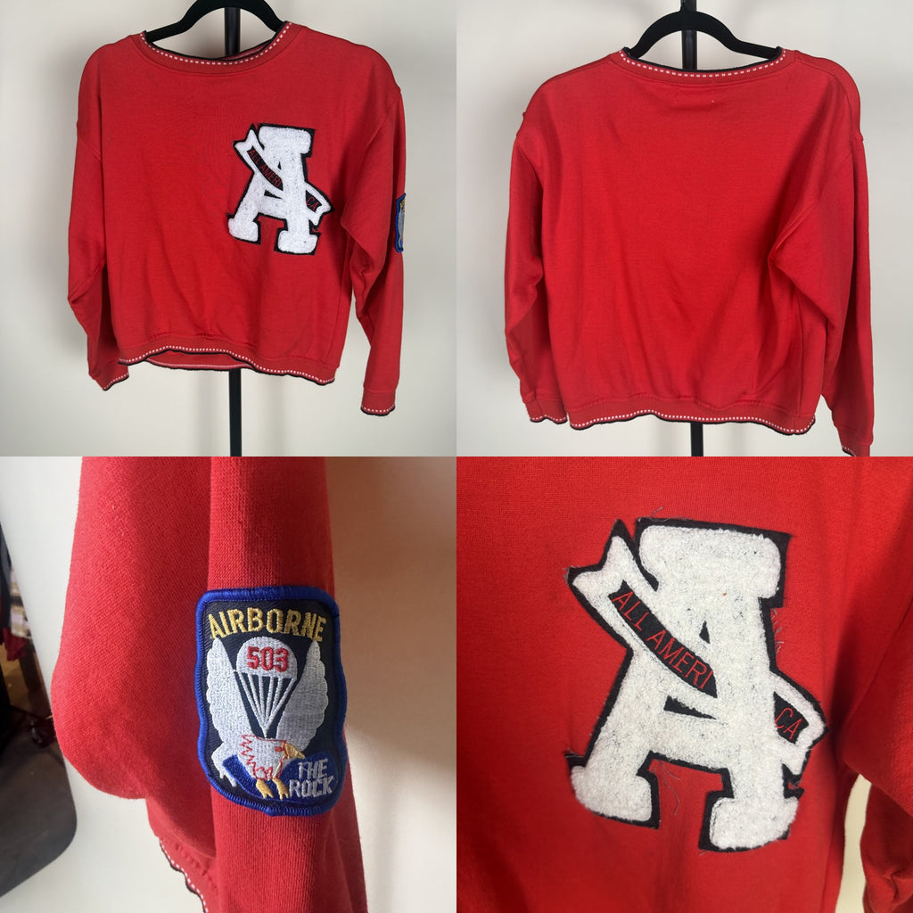 Red Cropped Crewneck Sweatshirt with Military-Style Patches - photo 6