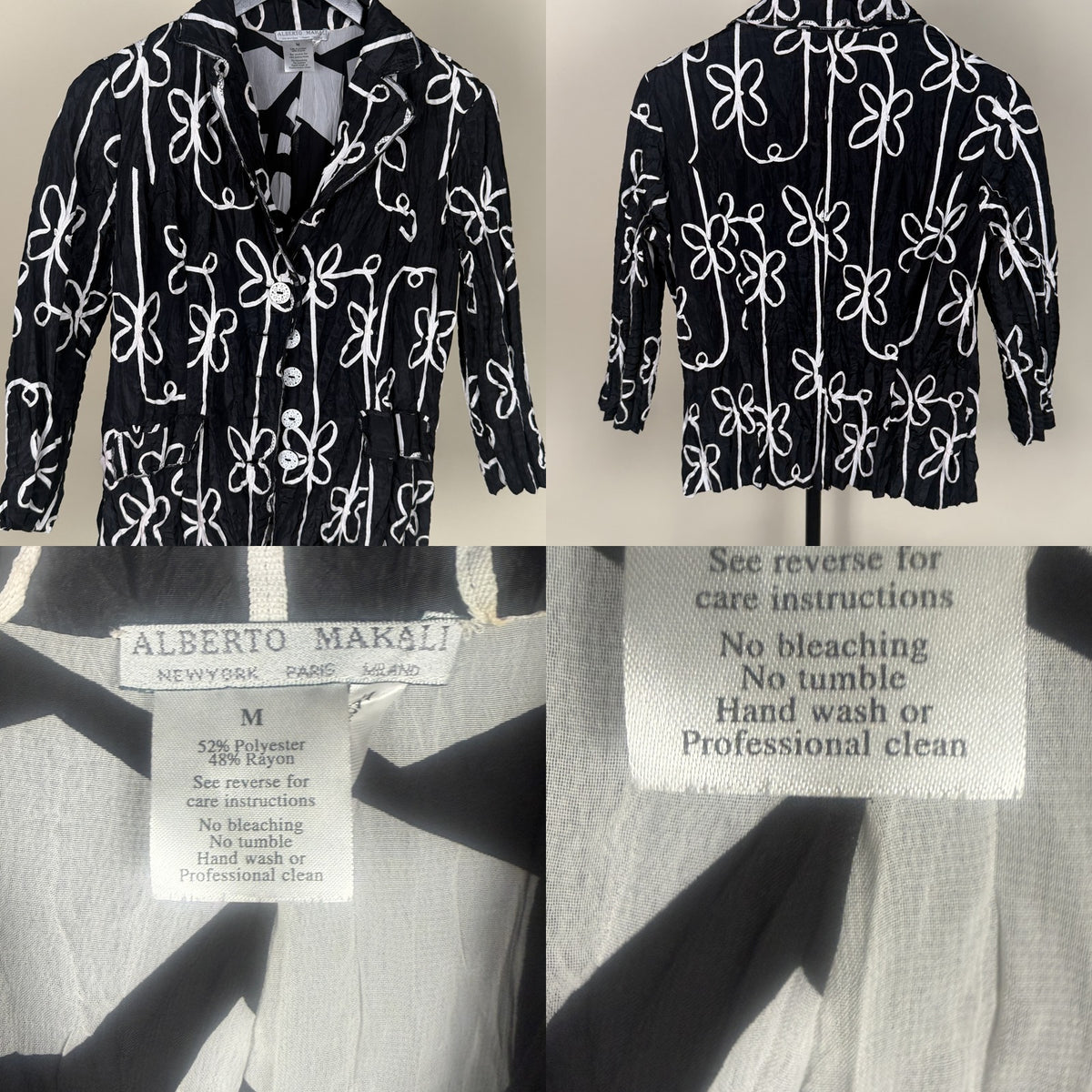Alberto Makali Black Crinkle Fabric Blazer with White Floral Appliqué - photo 6