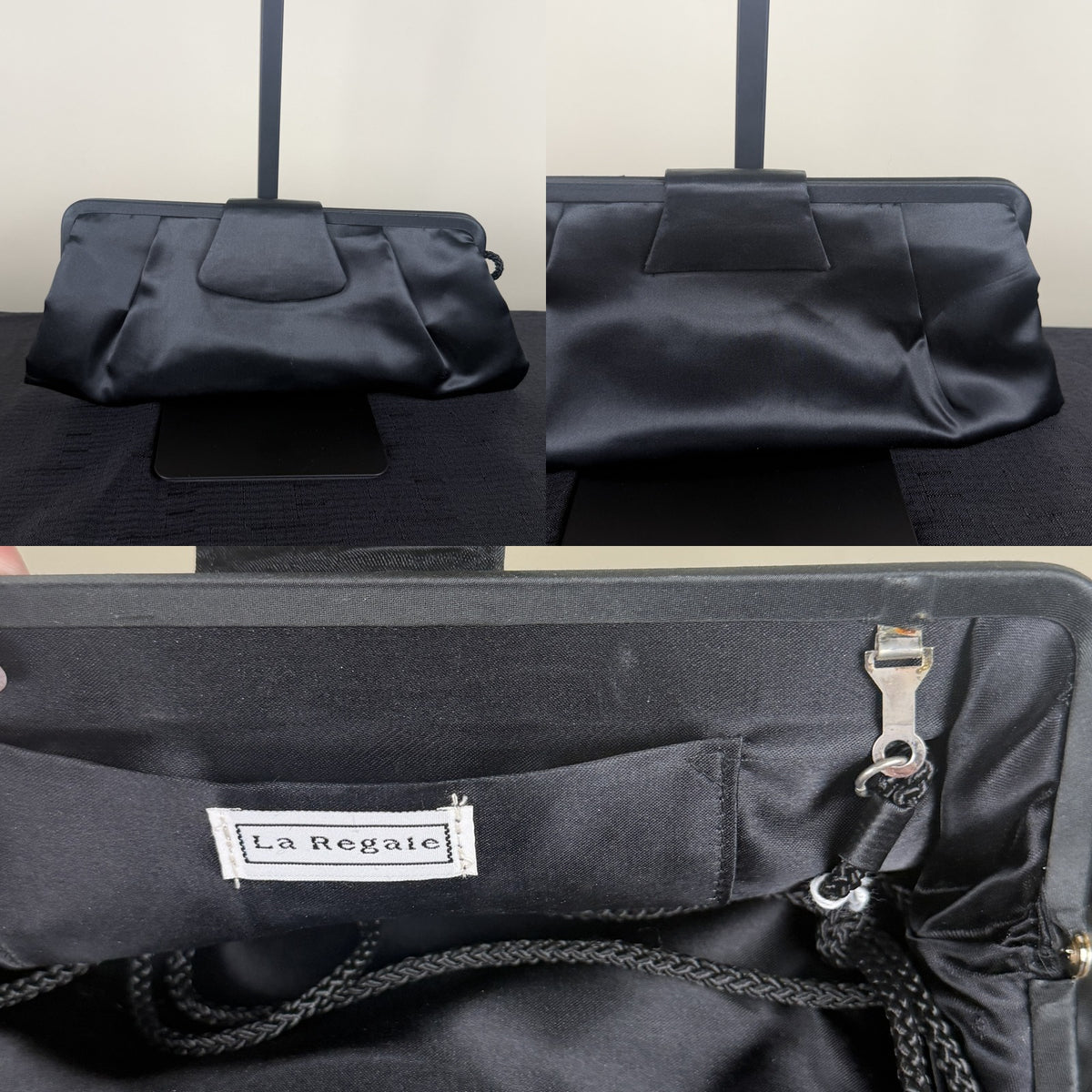 La Regaie Black Satin Evening Clutch with Rigid Frame and Braided Strap - photo 6