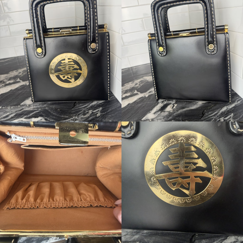 Black Structured Box Handbag with Brass Kanji Medallion and Gold Whipstitching - photo 6