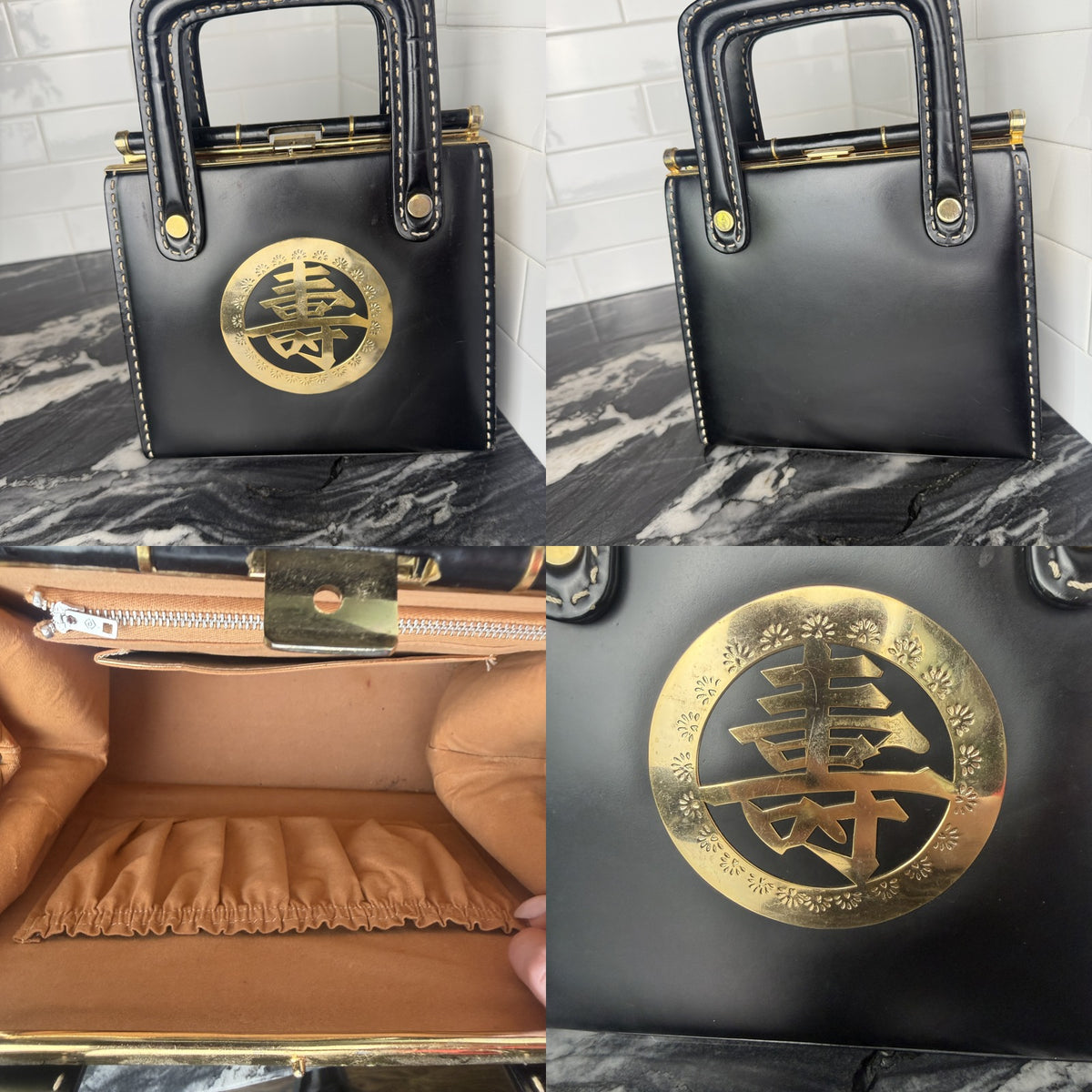 Black Structured Box Handbag with Brass Kanji Medallion and Gold Whipstitching - photo 6