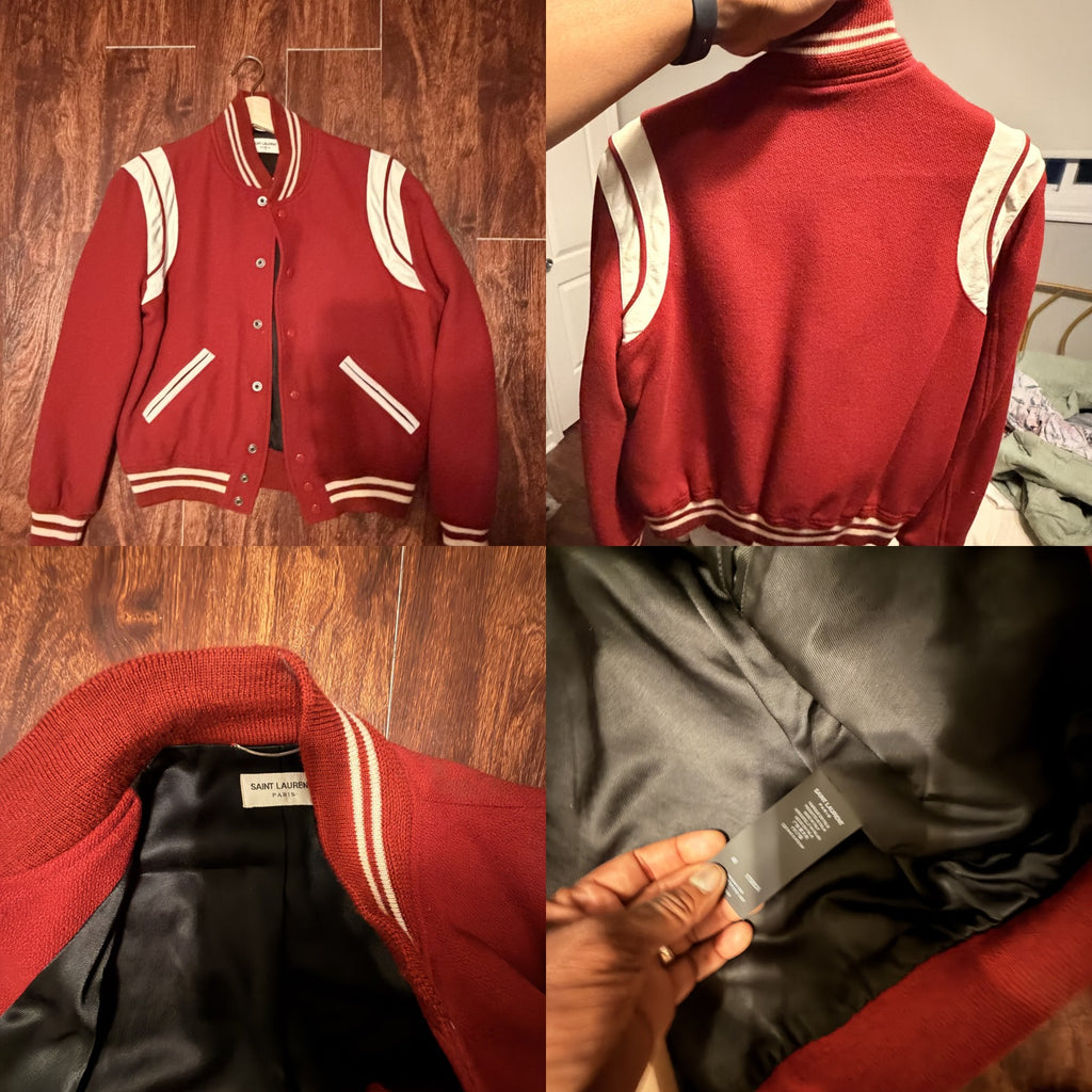 Saint Laurent Red Varsity Bomber Jacket with White/Cream Leather Panels - photo 6