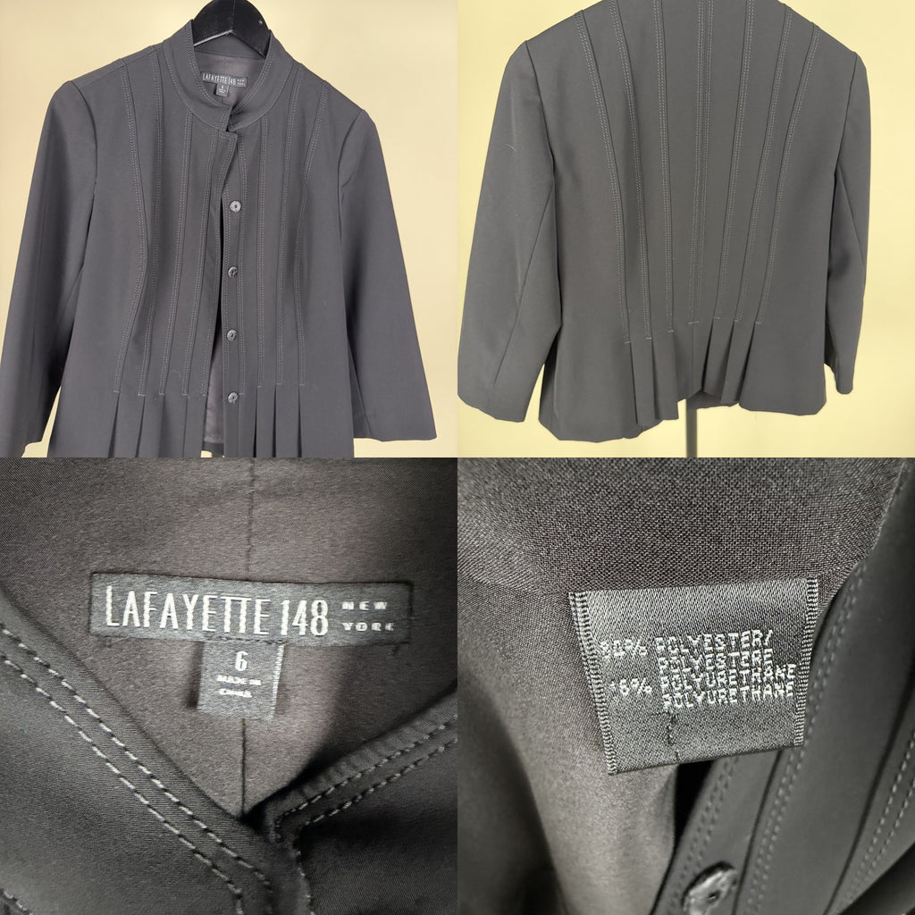 Lafayette 148 New York Charcoal Gray Cropped Structured Jacket with Topstitching and Pleated Hem - photo 6