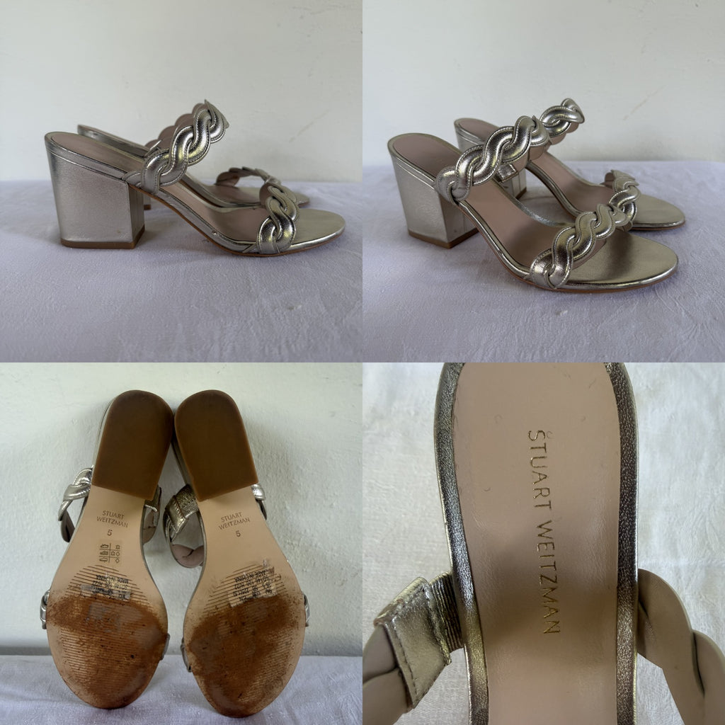 Stuart Weitzman Metallic Block-Heel Slide Sandal, Gold/Champagne, Size 5 - photo 5
