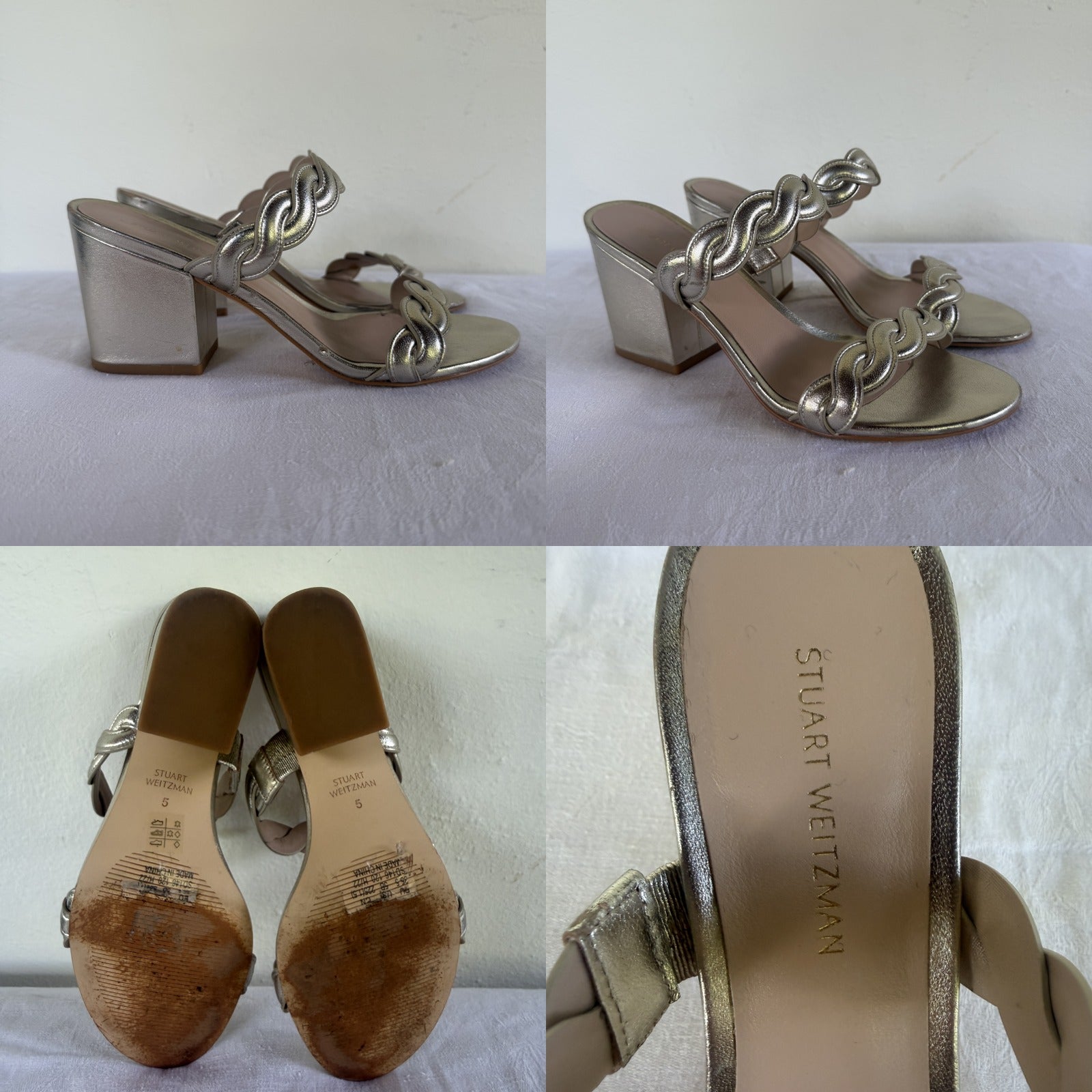 Stuart Weitzman Metallic Block-Heel Slide Sandal, Gold/Champagne, Size 5 - photo 5