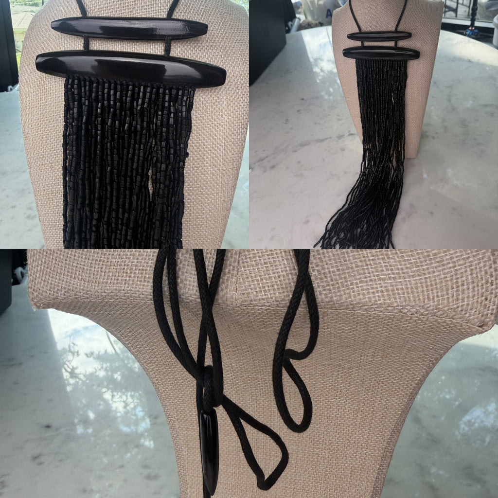 Black Beaded Fringe Statement Necklace with Cord Tie and Oval Bar Hardware - photo 6