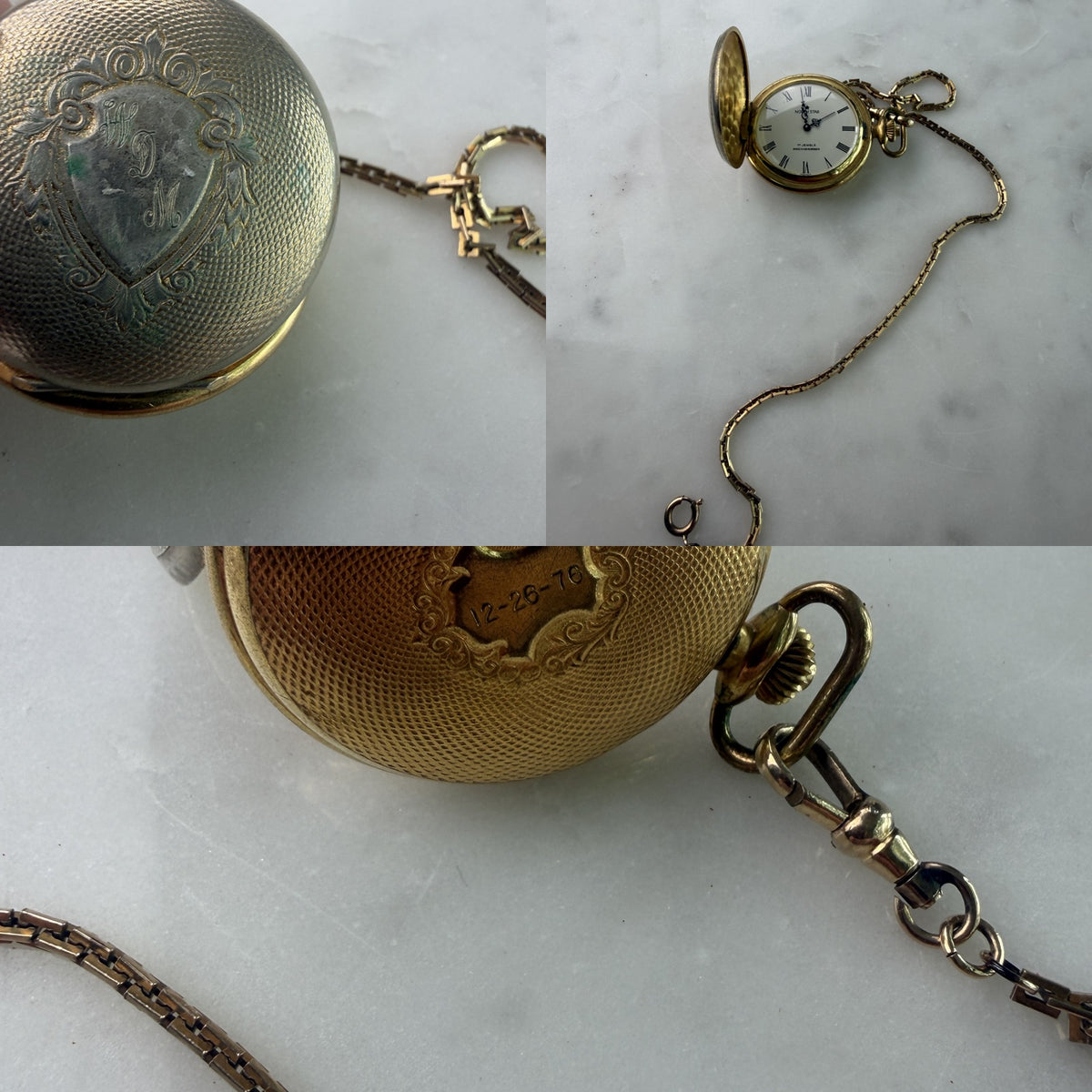 North Star 1970s Hunter-Case Pocket Watch with Guilloche Engraving and Fob Chain - photo 6