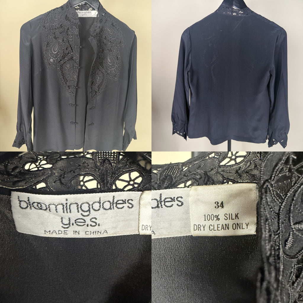 Black Silk Blouse with Cutwork Lace Collar and Frog Closures - Bloomingdale's y.e.s. - photo 6