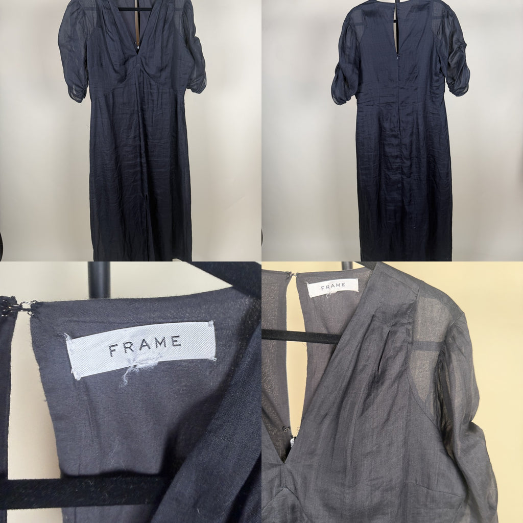 FRAME Navy Semi-Sheer Midi Dress with Puff Sleeves - photo 6