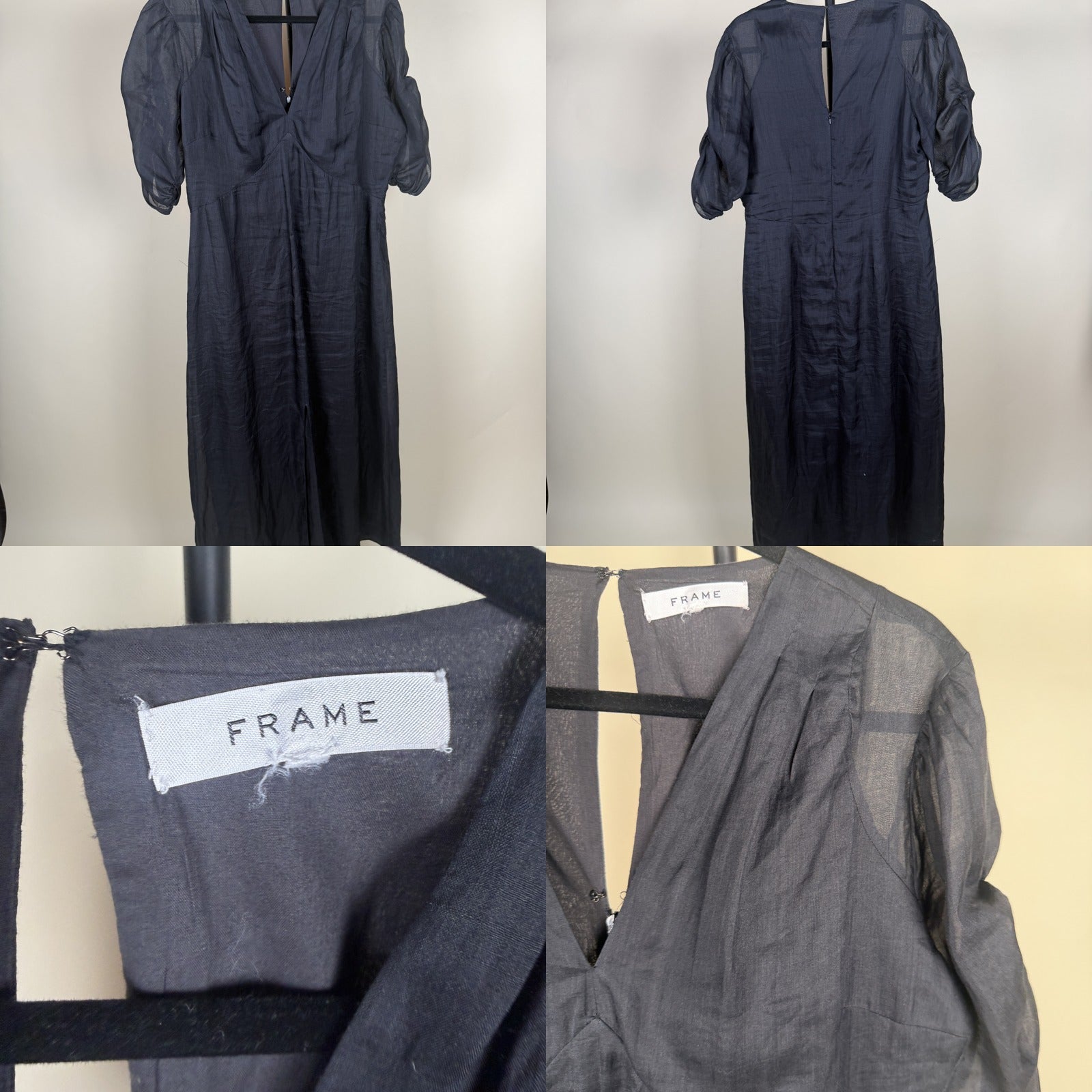 FRAME Navy Semi-Sheer Midi Dress with Puff Sleeves - photo 6