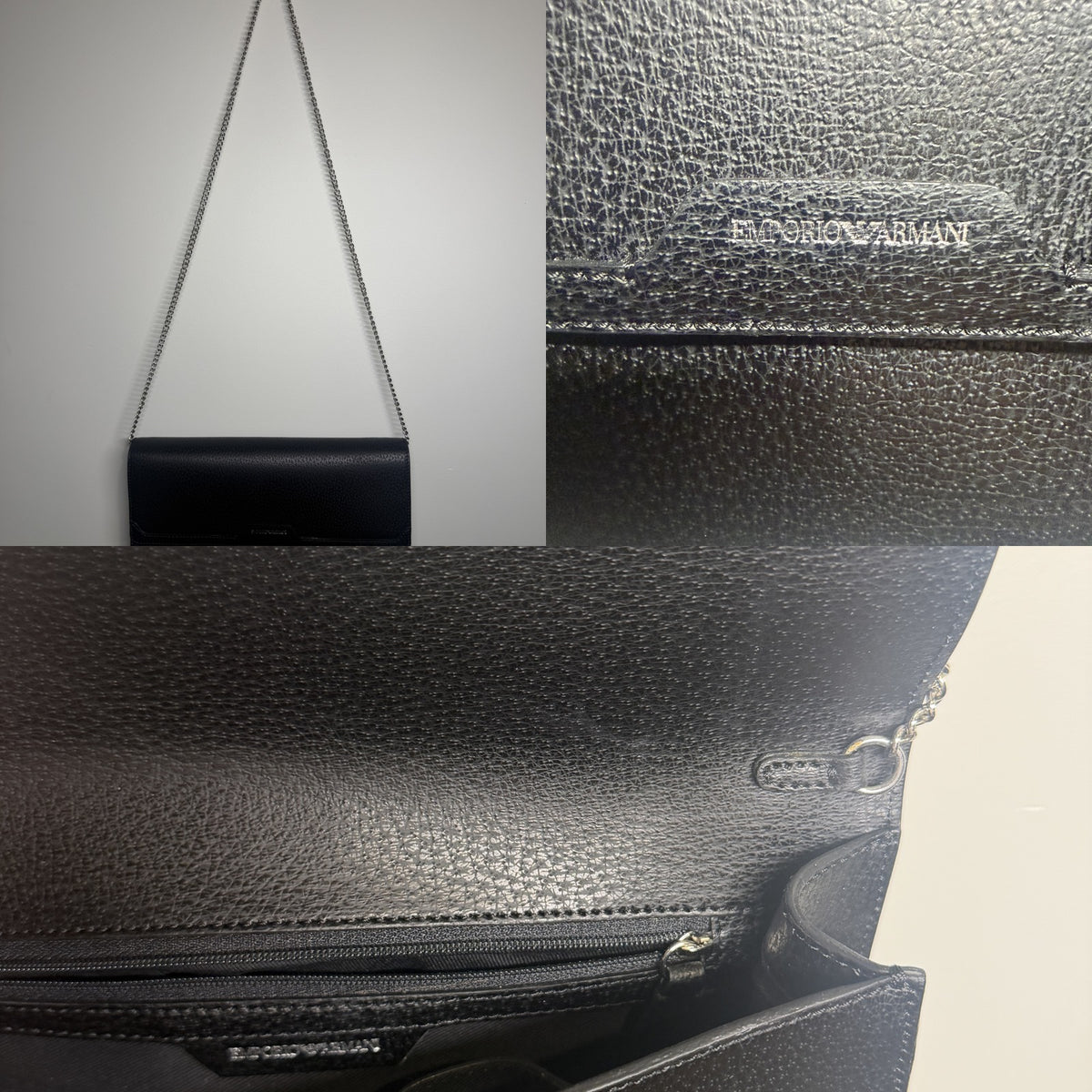 Emporio Armani Black Pebbled Leather Chain-Strap Envelope Clutch - photo 6