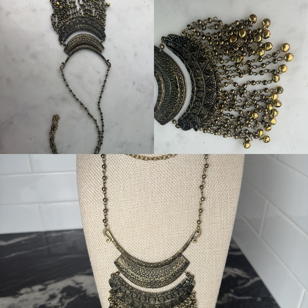 Tribal Style Bib Necklace with Crescent Tiers and Fringe Chains - photo 6