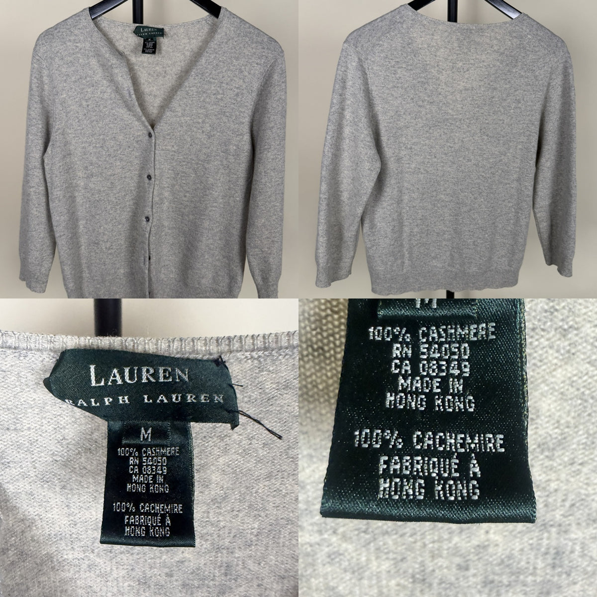 Ralph Lauren Heather Gray Cashmere V-Neck Cardigan with Dark Green Label - photo 6