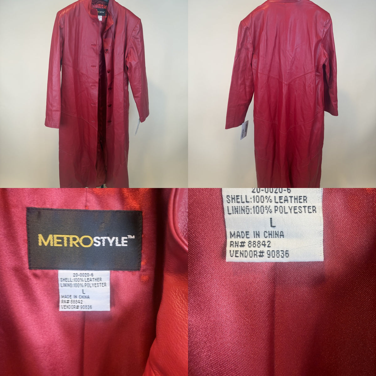 METROSTYLE Red Full-Length Leather Duster Coat with Red Polyester Lining - photo 6