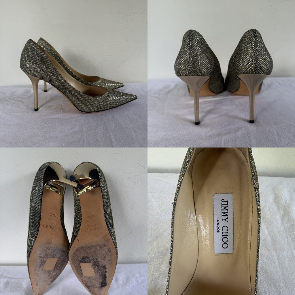 Jimmy Choo Dark Gold Glitter Pointed Toe Stiletto Pumps – Size 37.5 - photo 6