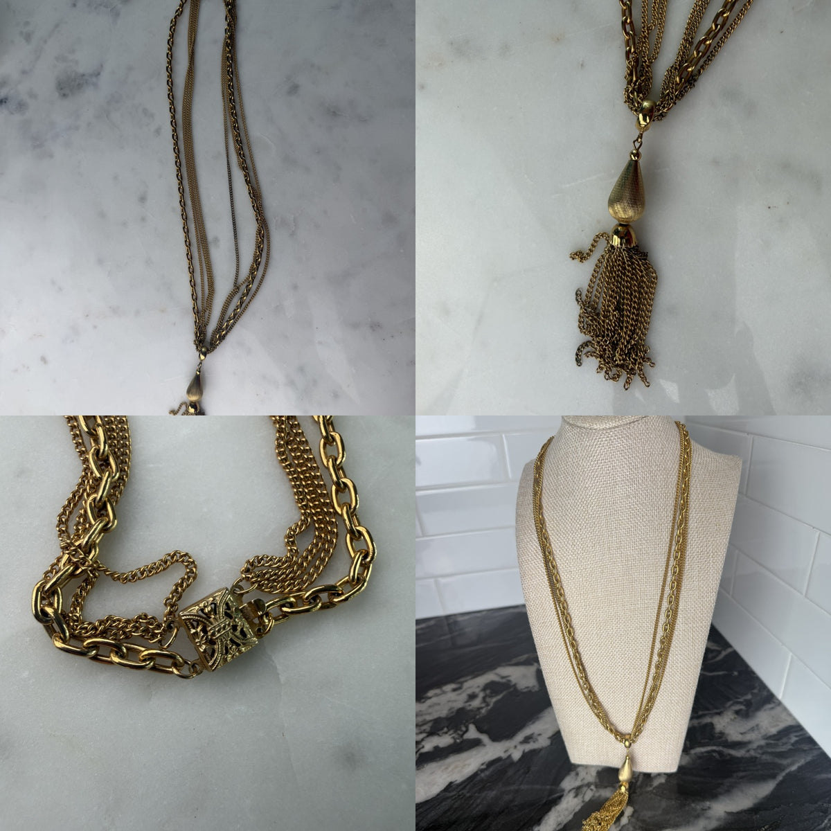 1970s-1980s Multi-Strand Gold-Tone Chain Necklace with Tassel Pendant - photo 6