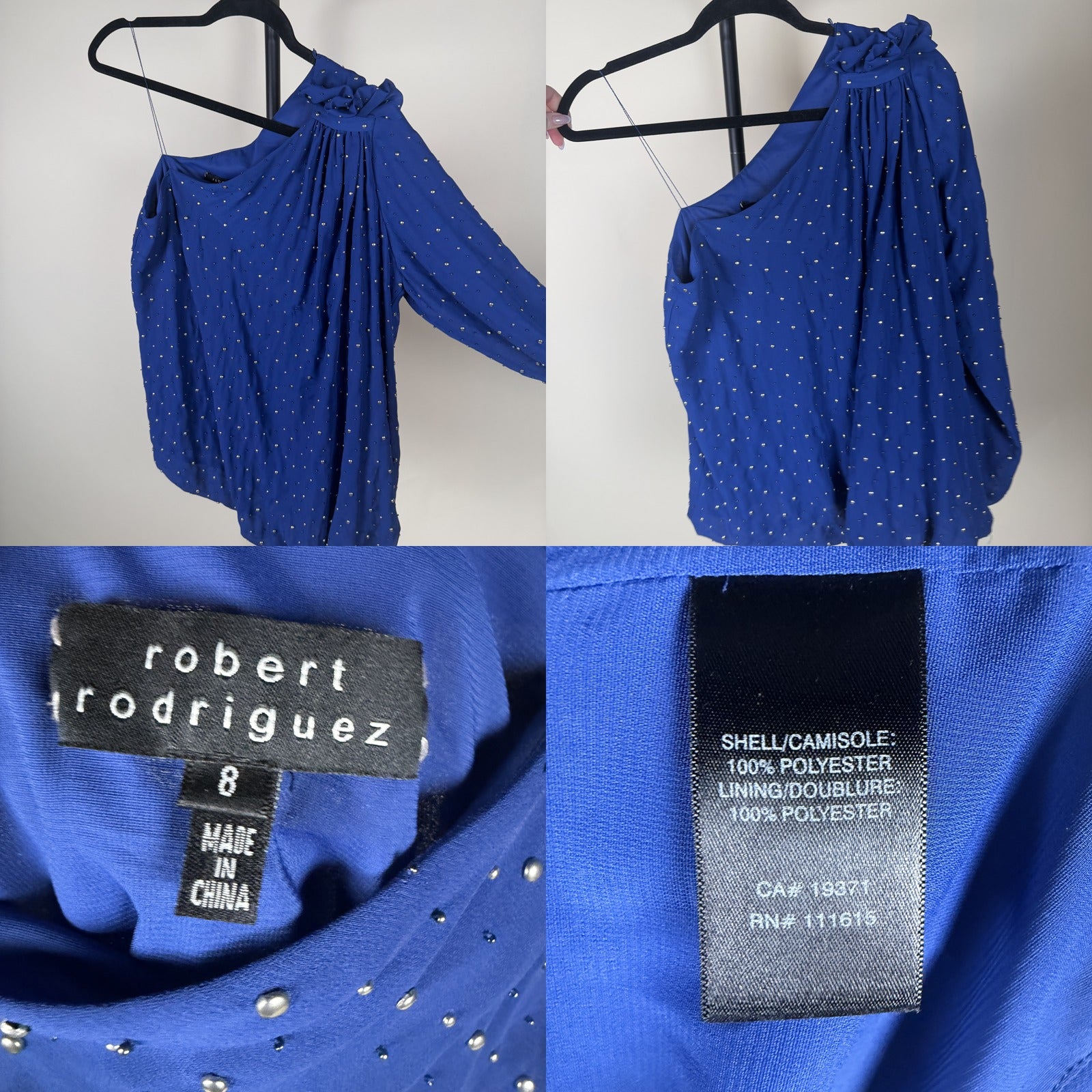 Robert Rodriguez One-Shoulder Studded Blouse with Built-In Camisole Lining, Cobalt Blue - photo 6