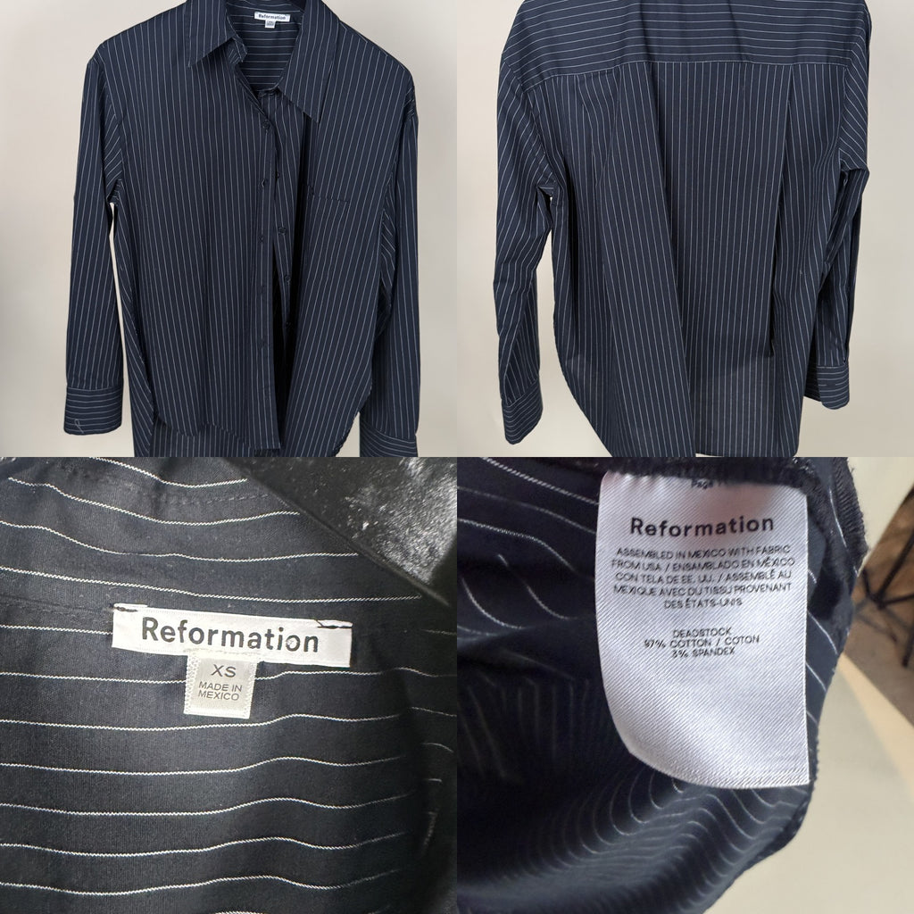 Reformation Navy White Pinstripe Button-Forward Long-Sleeve Shirt XS - photo 6