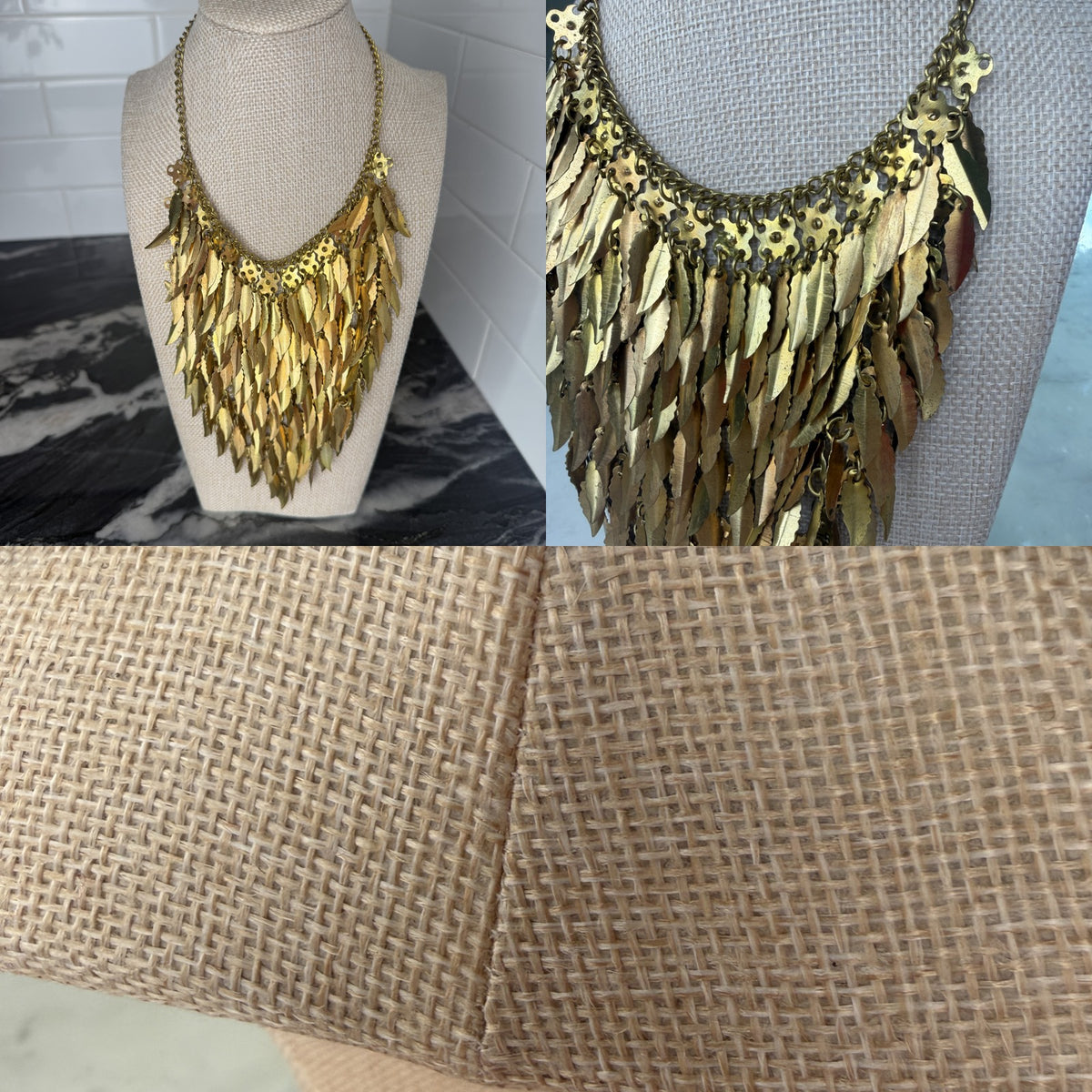 Mid-20th Century Gold-Tone Brass Bib Necklace with Leaf Dangles - photo 6
