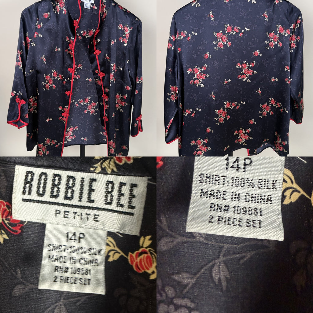 Robbie Bee Petite 100% Silk 2-Piece Jacket & Slip Set - Navy/Red Floral - photo 6
