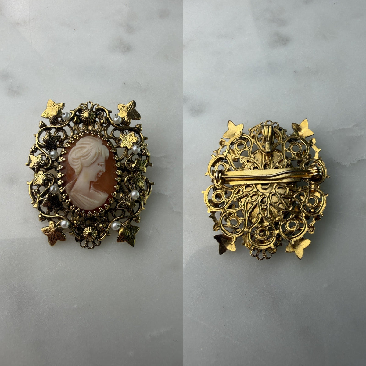 Gold-Tone Cameo Brooch with Filigree and Bead Accents - photo 5