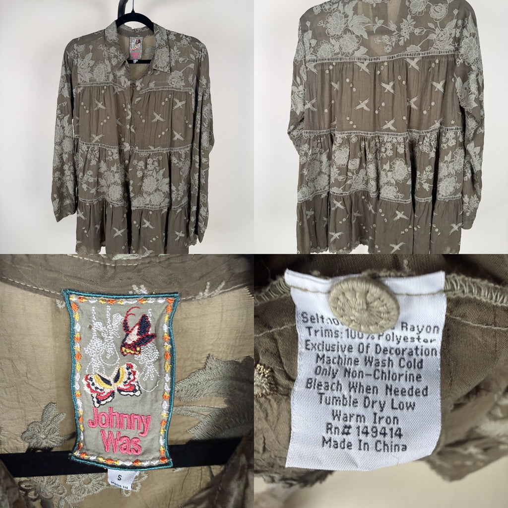 Johnny Was Tiered Embroidered Button-Forward Blouse in Olive/Khaki with Cream Embroidery - photo 6
