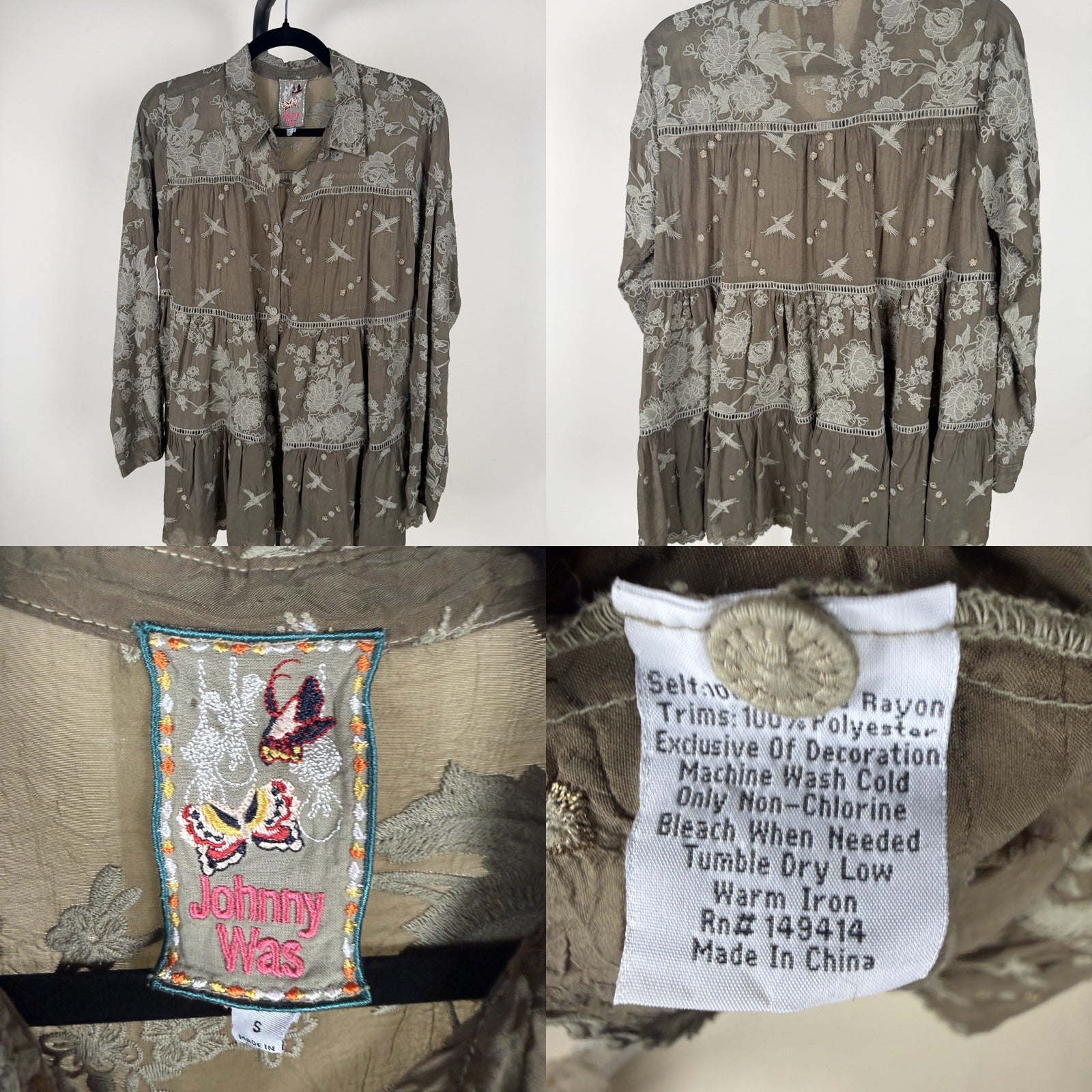 Johnny Was Tiered Embroidered Button-Forward Blouse in Olive/Khaki with Cream Embroidery - photo 6