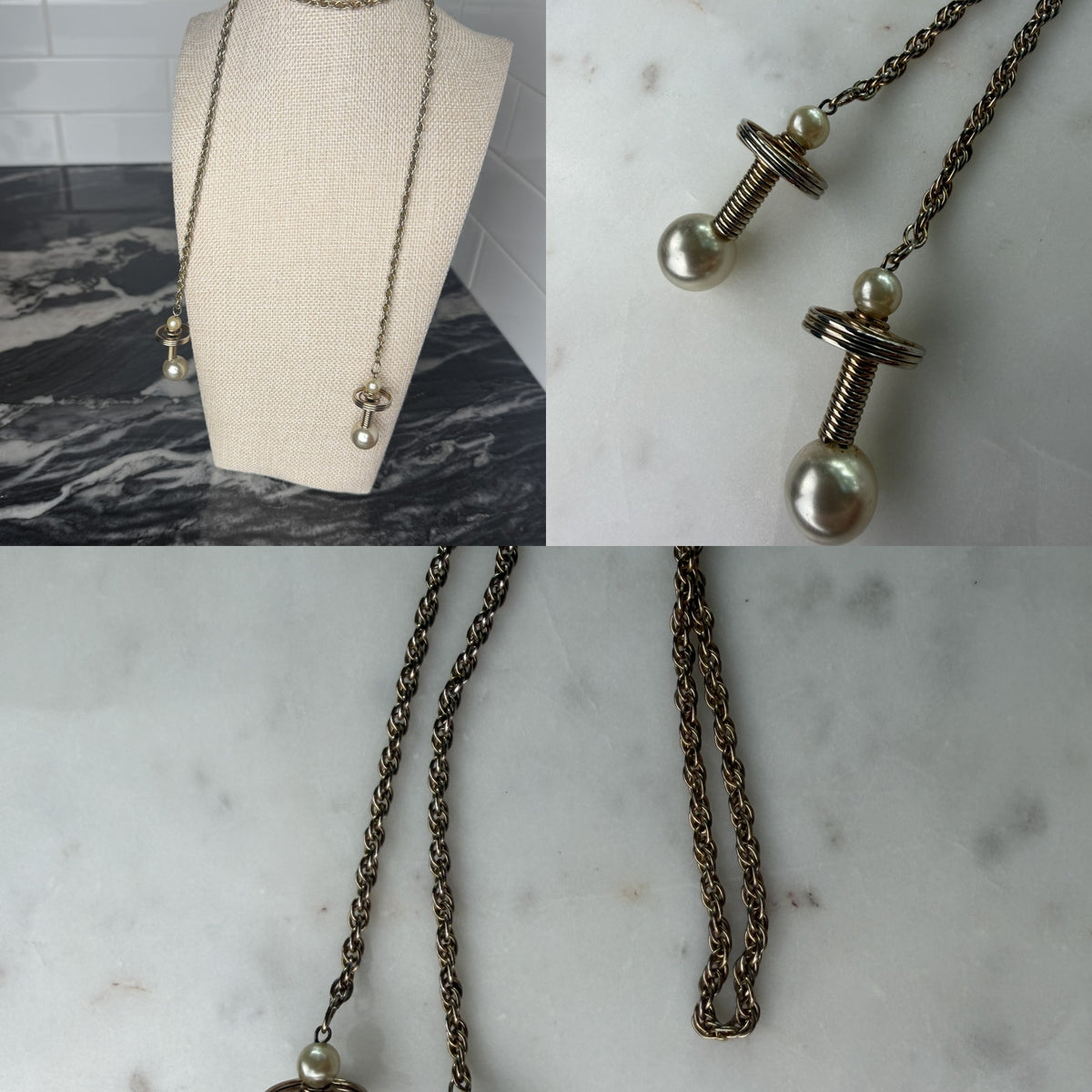 Mid-20th Century Faux Pearl Lariat Necklace with Coiled Wire Spring Pendants - photo 6
