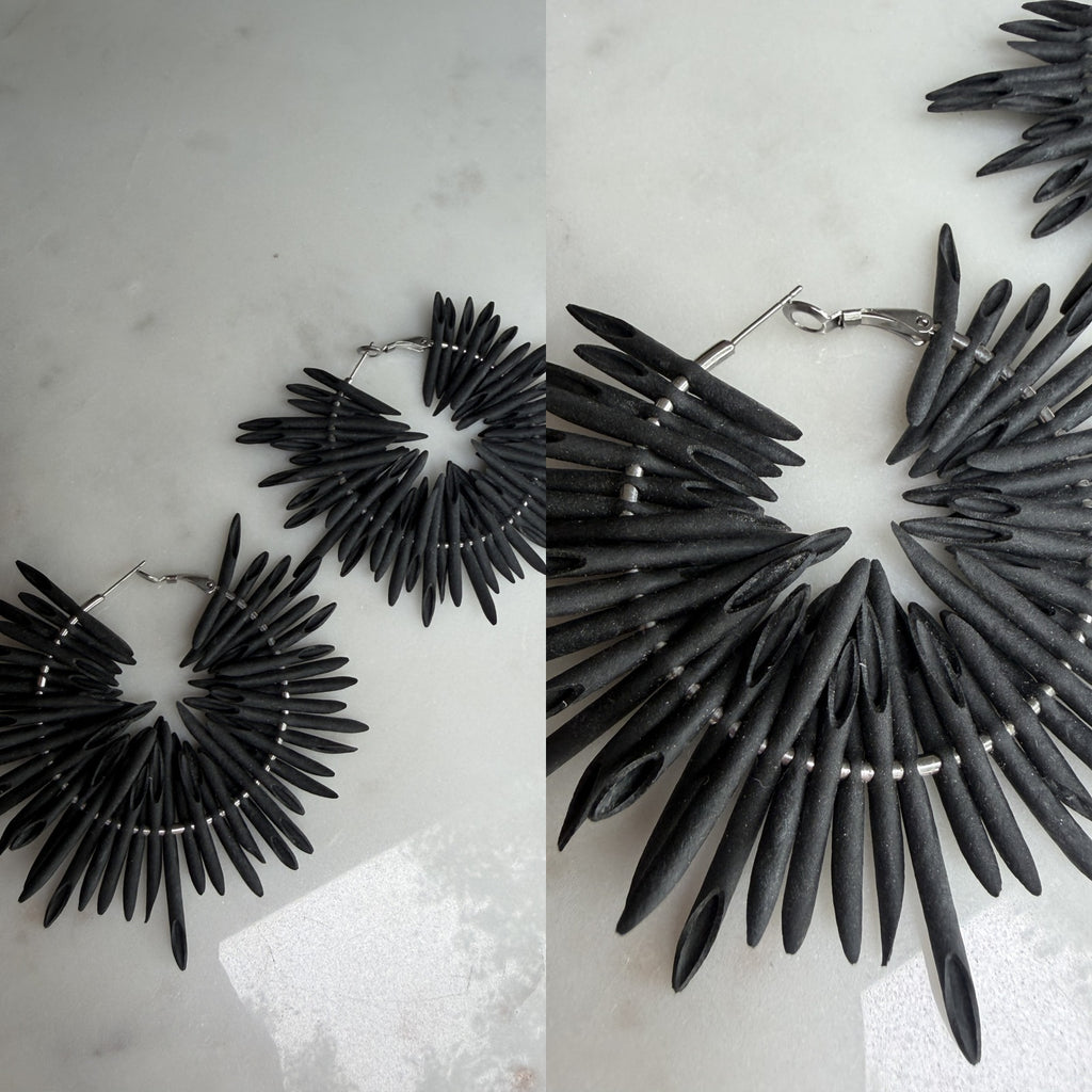1980s Matte Black Spike-Bead Necklace & Earring Set in Silver - photo 5