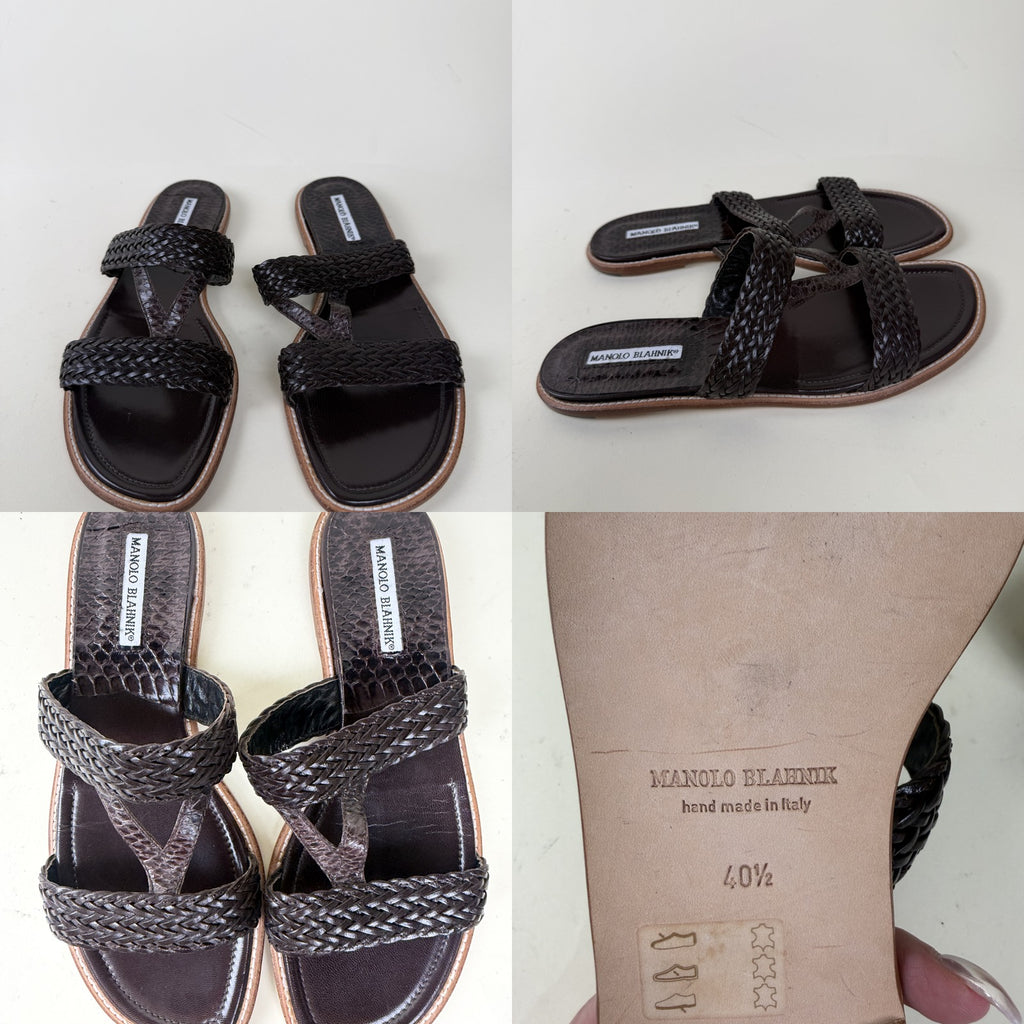 Manolo Blahnik Dark Brown Woven-Strap Slide Sandals with Reptile-Embossed Footbed - photo 6