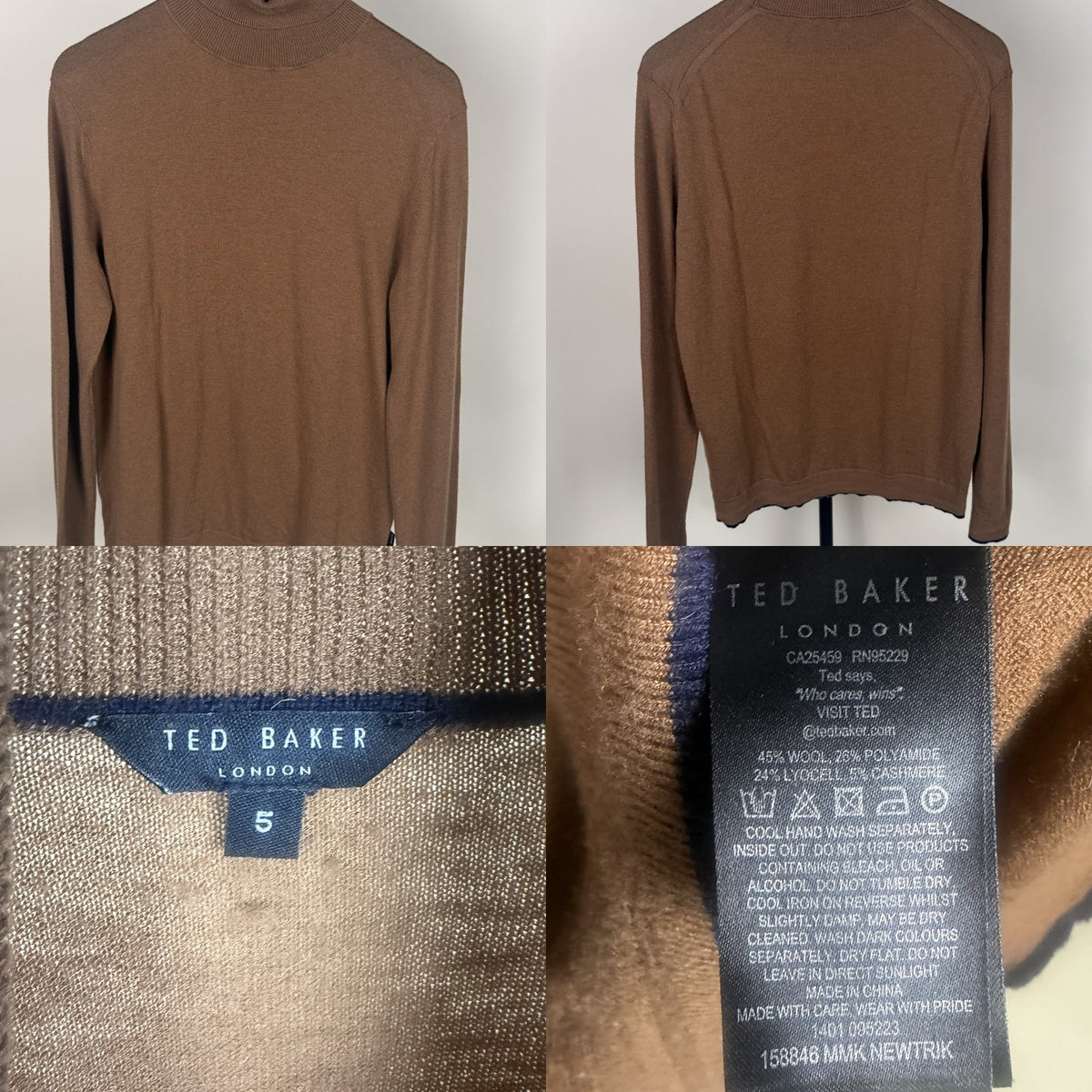 Ted Baker London Fine-Knit Turtleneck Sweater in Medium Brown with Navy Trim - photo 6
