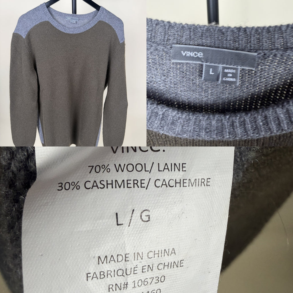 Vince Color-Block Crewneck Sweater in Olive-Brown & Heather Grey-Blue - photo 6