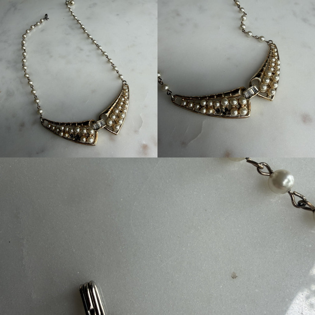 1950s-1960s Mid-Century Gold-Tone Pearl Bib Necklace with Articulated Bib Pendant - photo 6