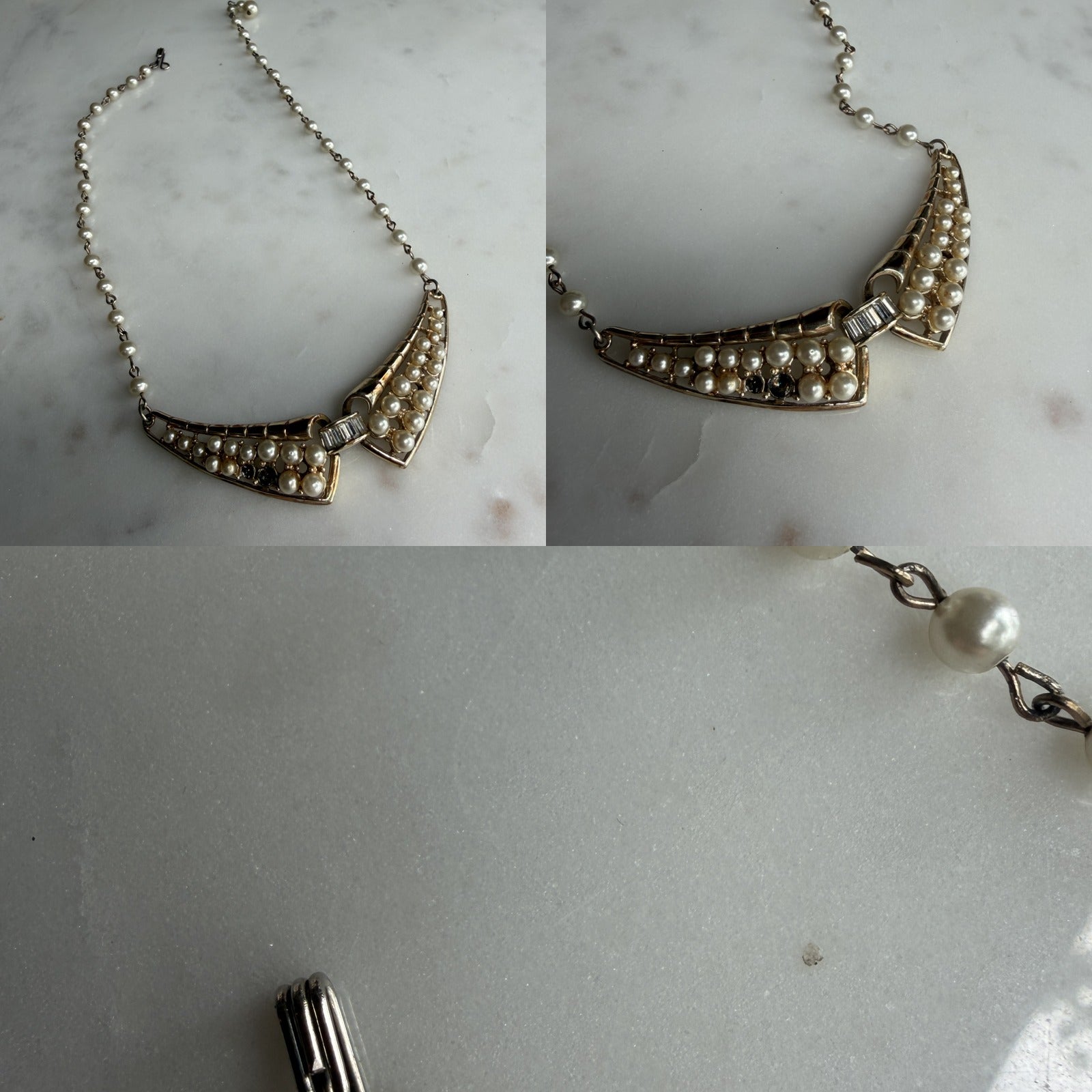1950s-1960s Mid-Century Gold-Tone Pearl Bib Necklace with Articulated Bib Pendant - photo 6