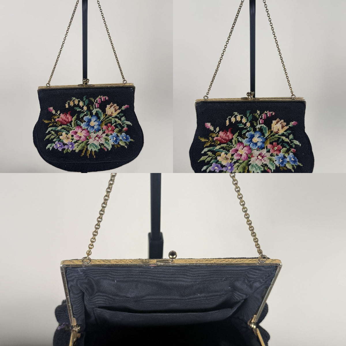 Needlepoint Evening Bag with Floral Bouquet and Gold-Tone Chain Strap - photo 6