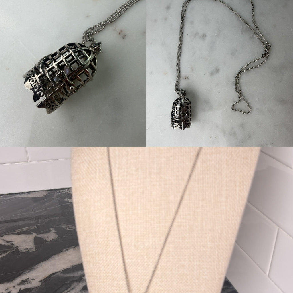1990s Silver-Tone Birdcage Pendant Necklace with Curb-Link Chain and Interior Bead - photo 6