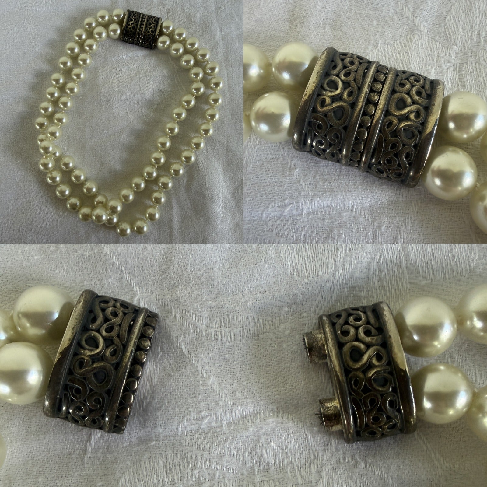 Mid-Century Double-Strand Faux Pearl Bracelet with Ornate Scrollwork Clasp - photo 1