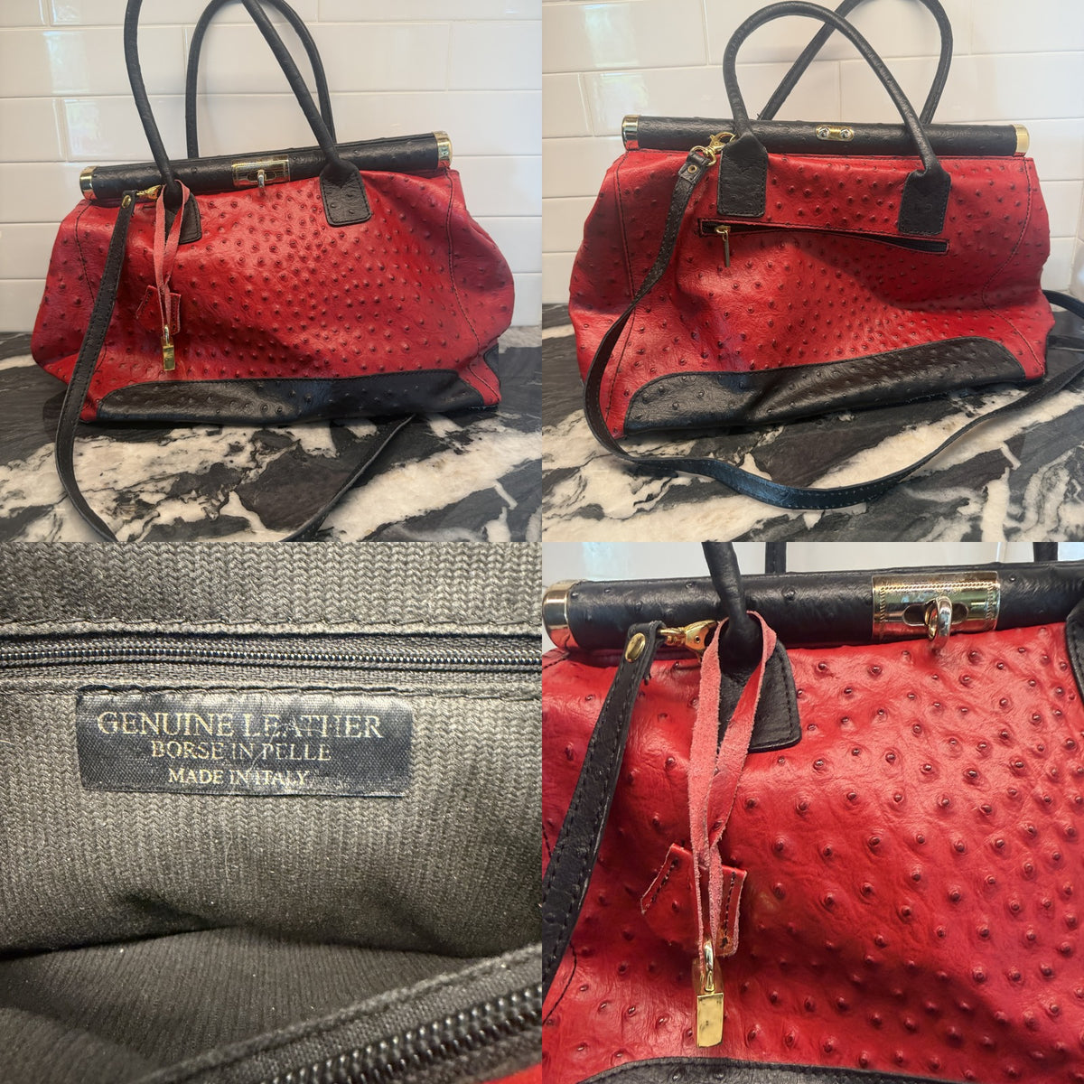 Mid-Century Italian Doctor-Bag with Ostrich-Embossed Leather and Gold Hardware - photo 6