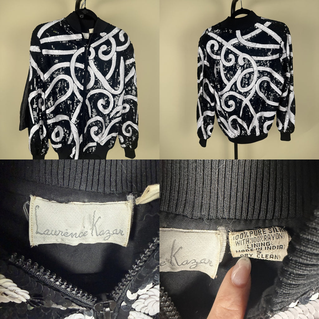 Laurence Kazar 1980s Sequined Bomber Jacket with White Scrollwork Appliqué - photo 6