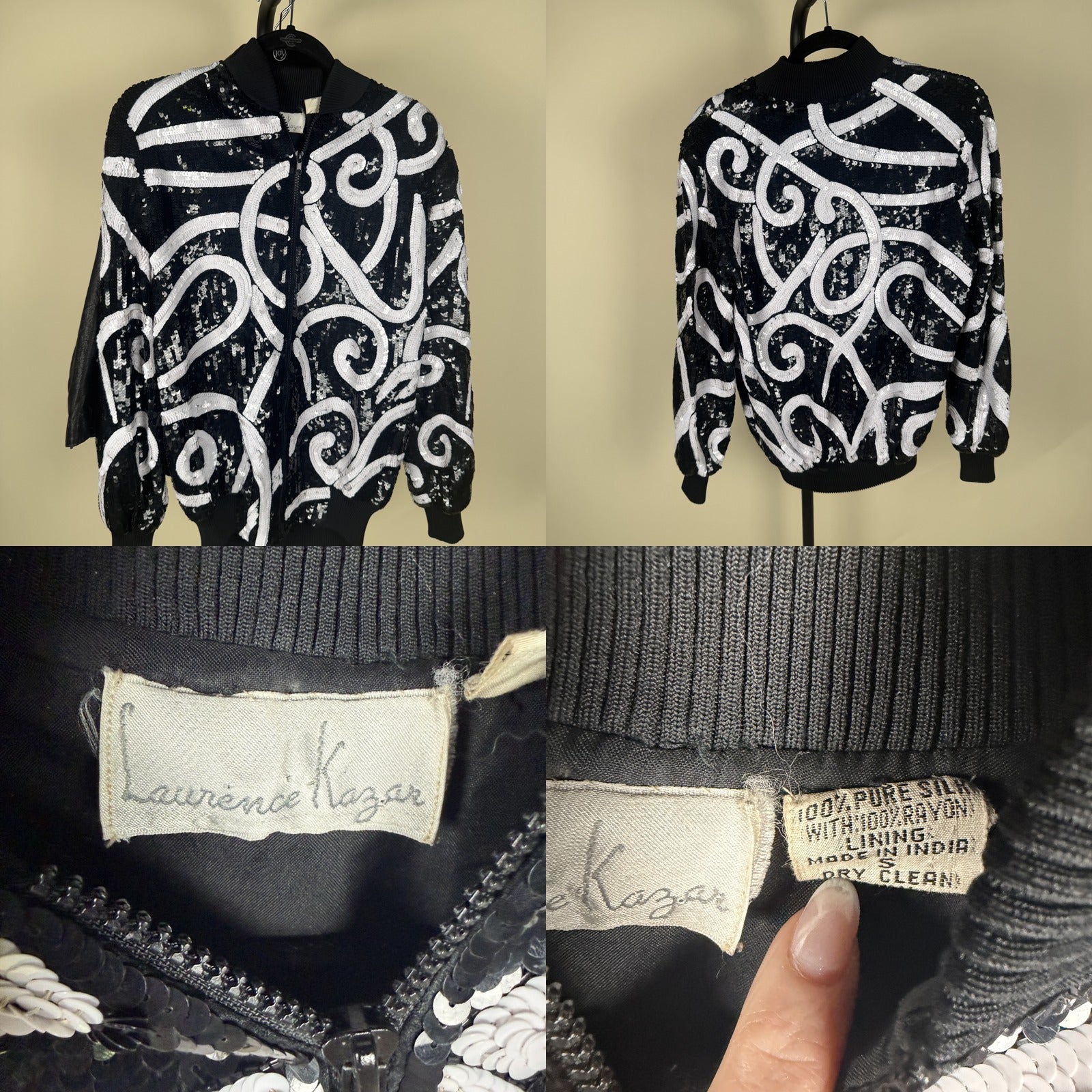 Laurence Kazar 1980s Sequined Bomber Jacket with White Scrollwork Appliqué - photo 6