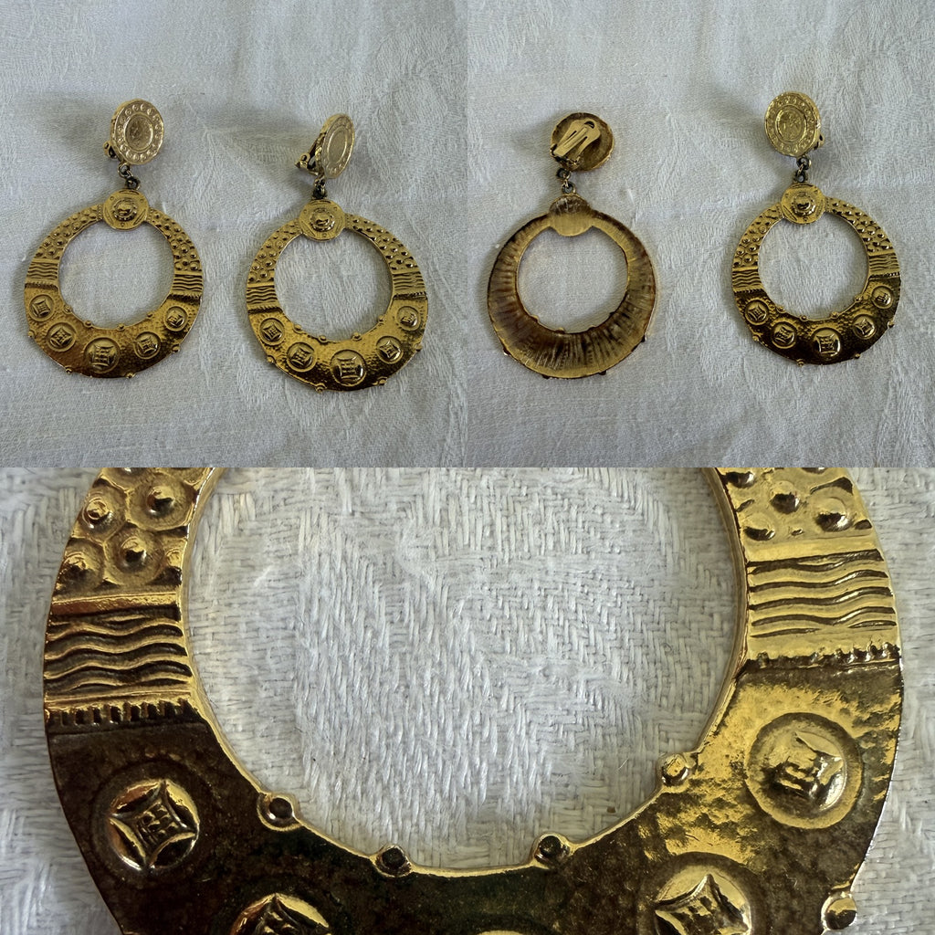 Mid-Century Gold-Tone Clip-On Drop Hoop Earrings (Pair) - photo 5