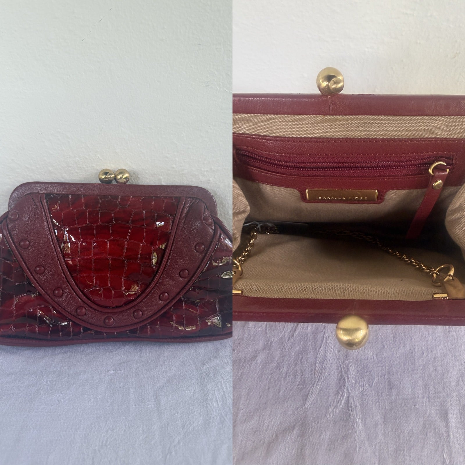 Isabella Fiore Structured Clutch Bag - Deep Burgundy Crocodile Embossed with Gold-Tone Hardware - photo 5