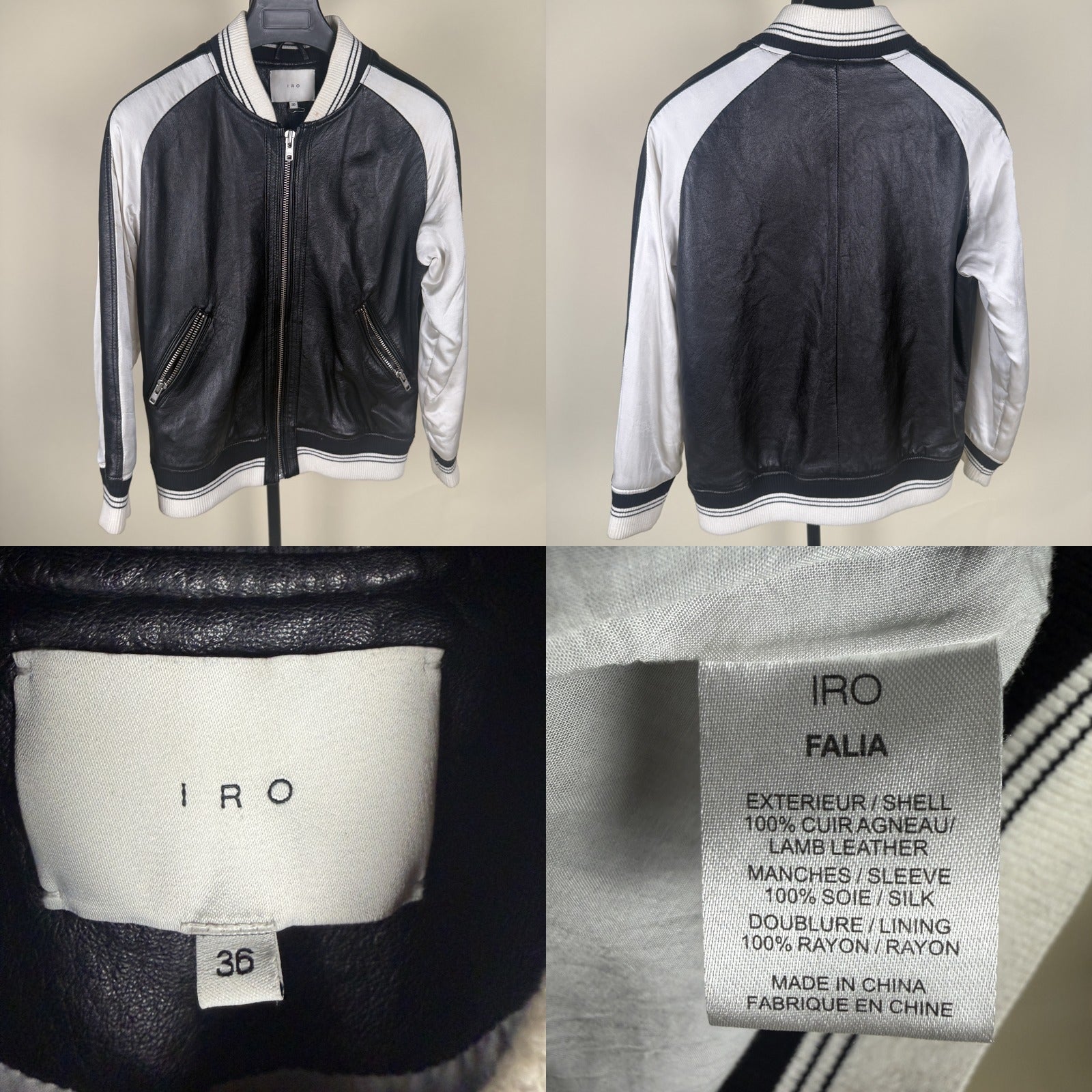IRO FALIA Black and White Leather Bomber Jacket with Silk Sleeves - photo 6