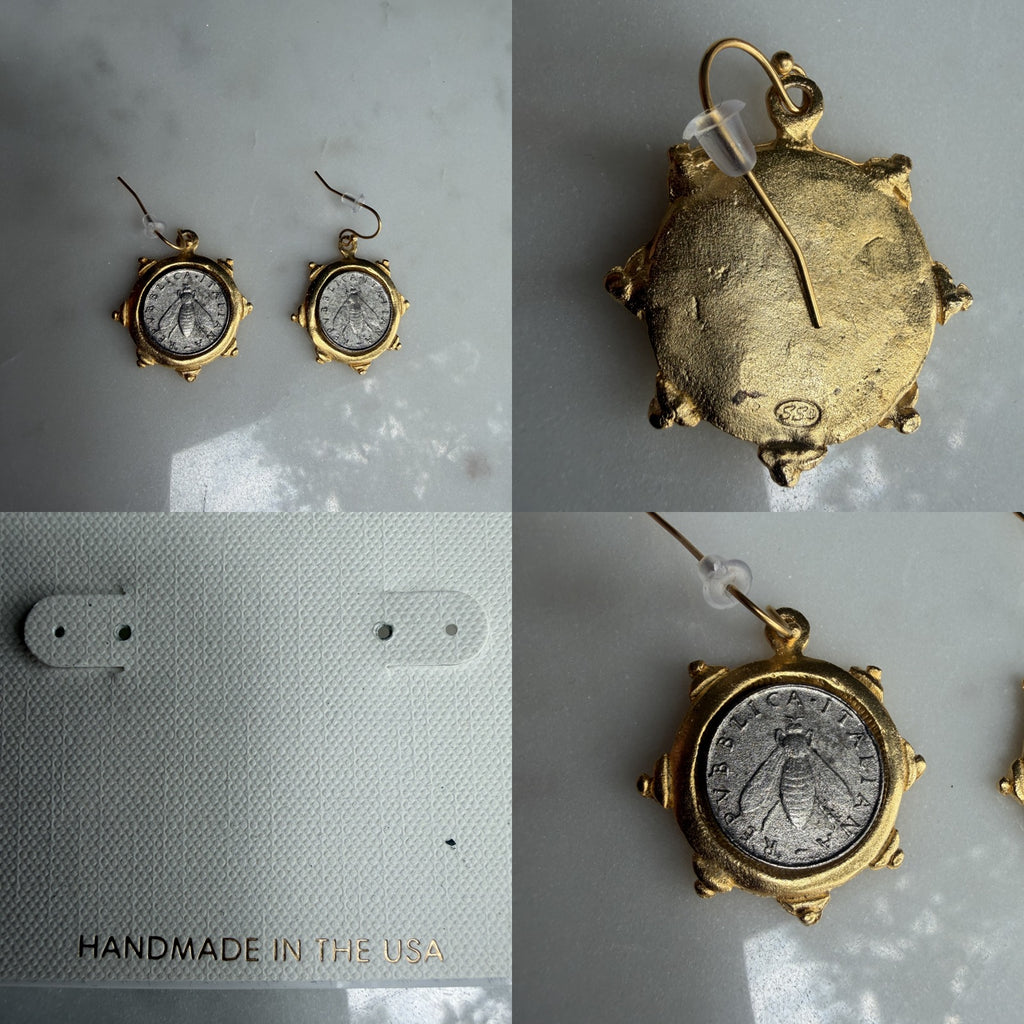 Susan Shaw Gold-Tone Coin Drop Earrings with Silver Bee Motif - photo 6