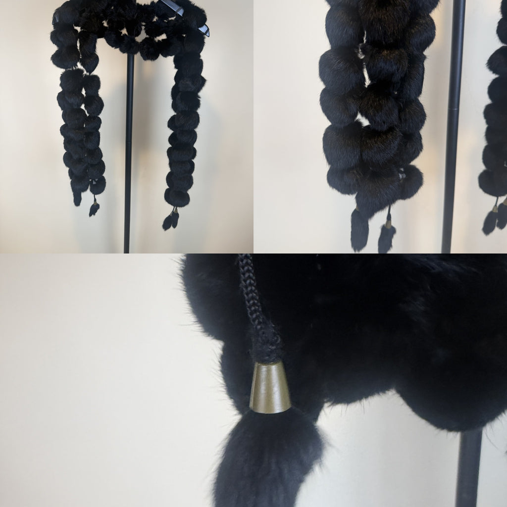 Black Fur Pom-Pom Stole with Gold-Tone Tassel Ends - photo 6