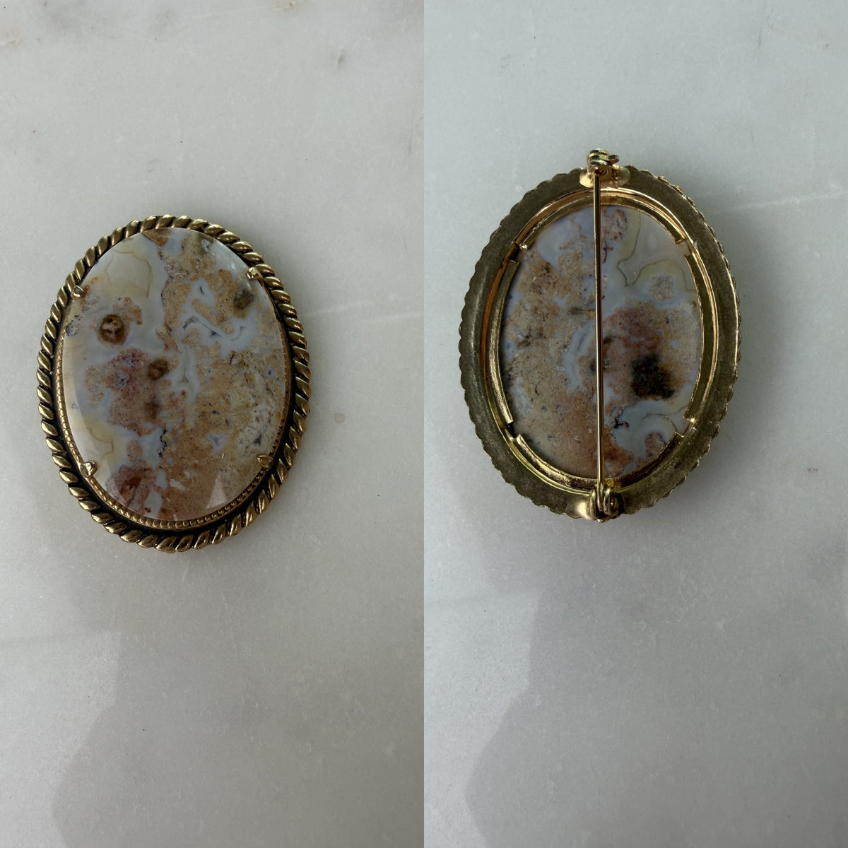 Mid-20th Century Gold-Tone Agate Cabochon Brooch - photo 5