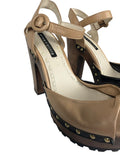 Alice + Olivia Beige Leather Platform Sandals with Black Chunky Sole and Adjustable Ankle Strap