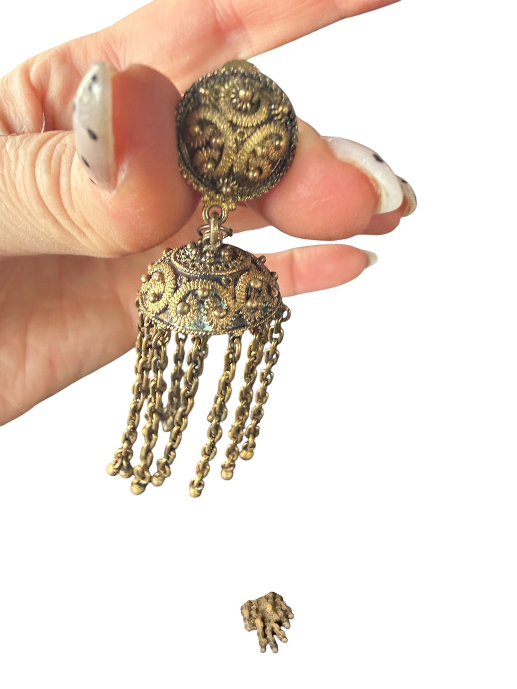 1940s Gold and Bronze Filigree Dangle Earrings with Floral Motif